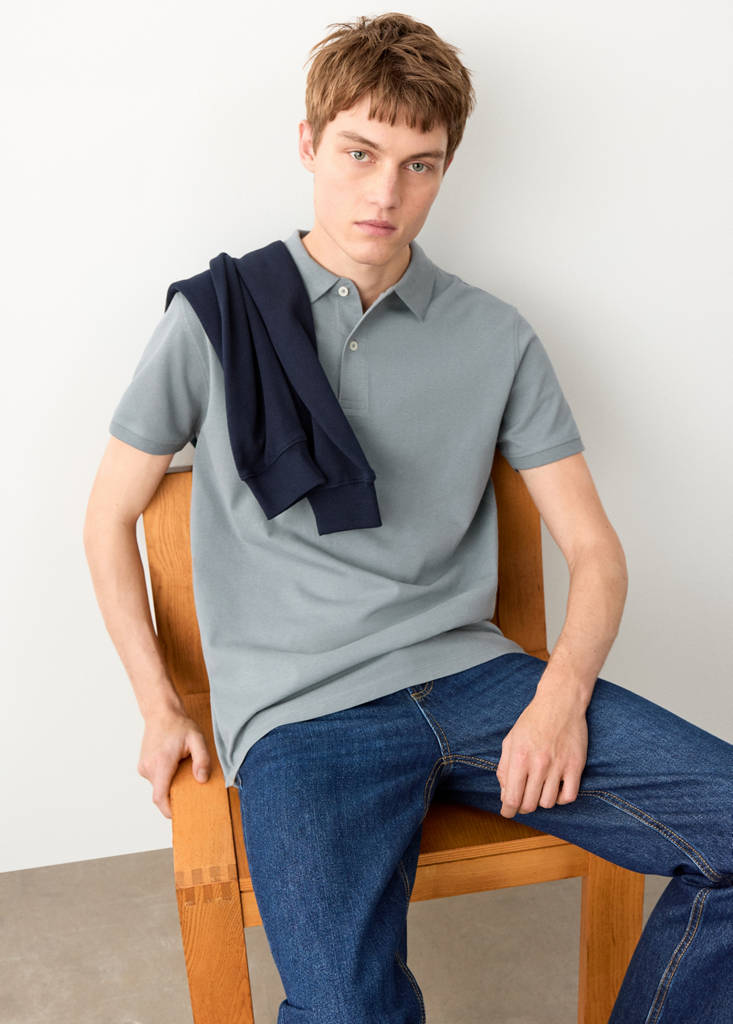 Short-sleeved cotton polo shirt — Blue