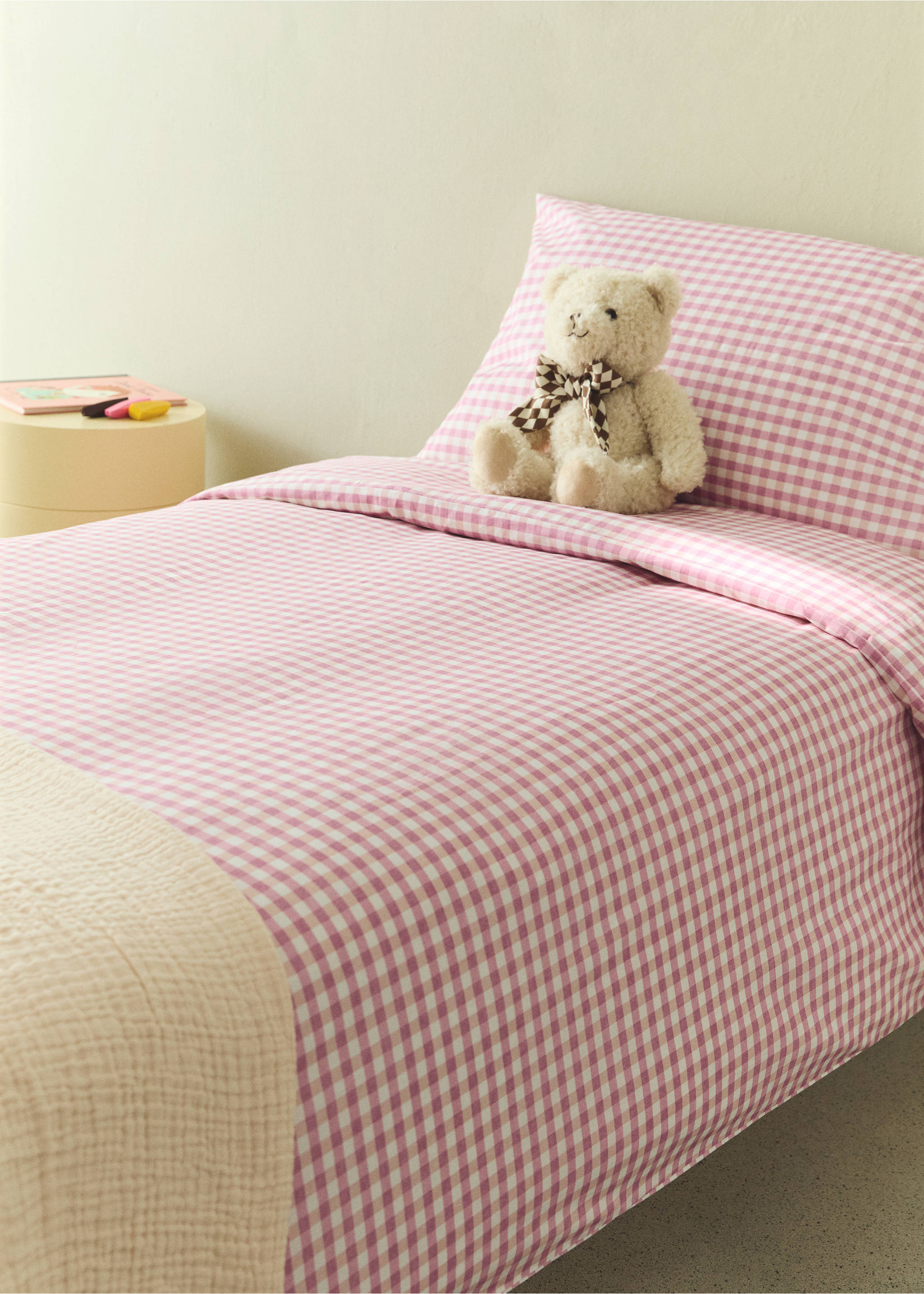 Gingham cotton duvet cover for 90-cm bed - General plane, Pink. Ref: 27024064-00.
