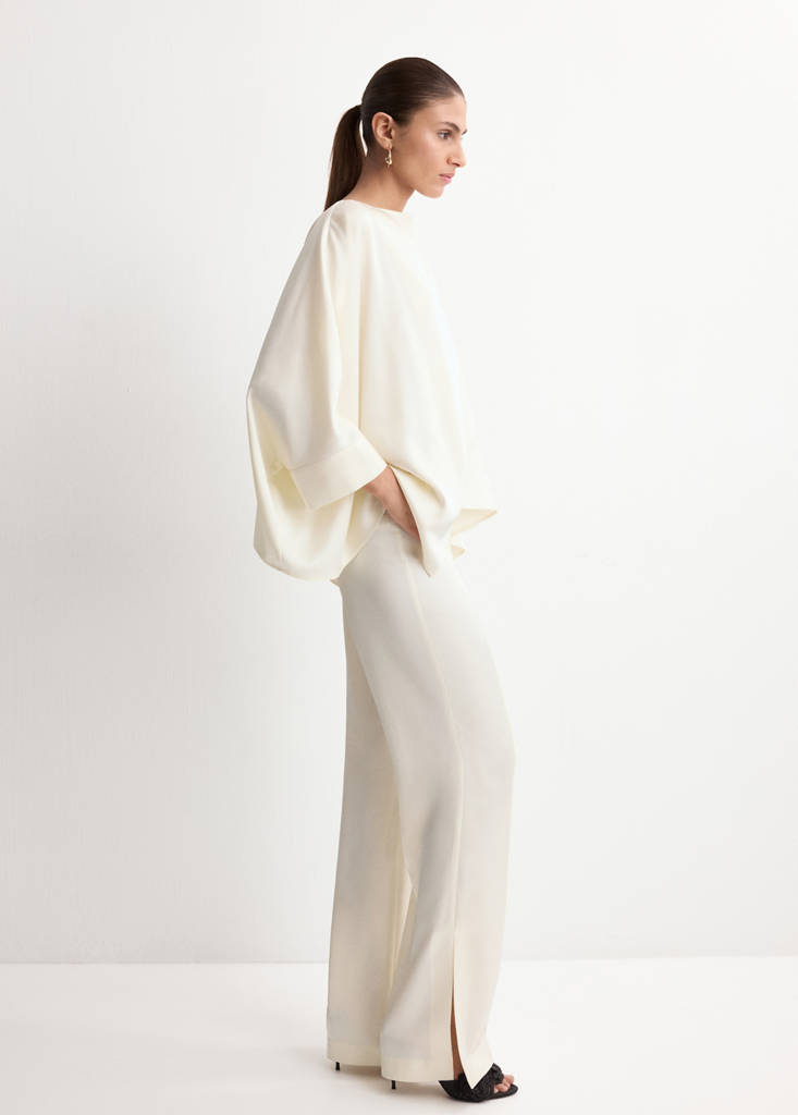 Satin trousers with jewel button — Ecru