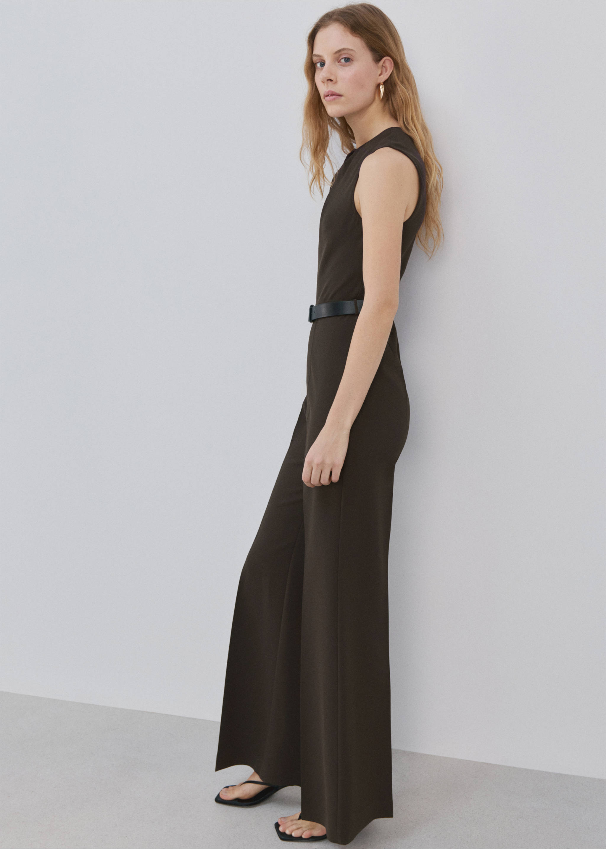 Jumpsuit with draped detail belt - Details of the article 2, Brown. Ref: 27024087-00.