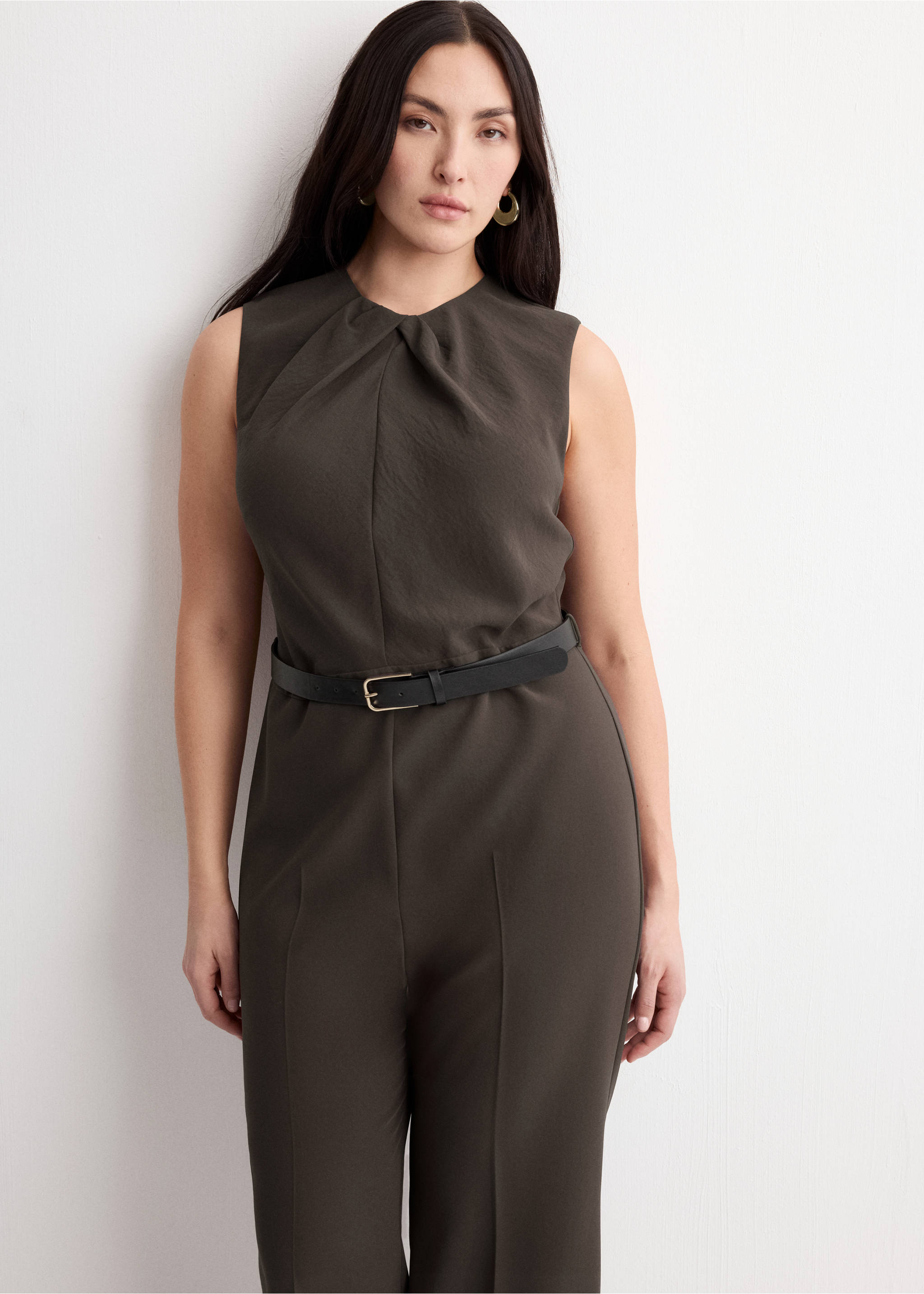 Jumpsuit with draped detail belt - Details of the article 5, Brown. Ref: 27024087-00.