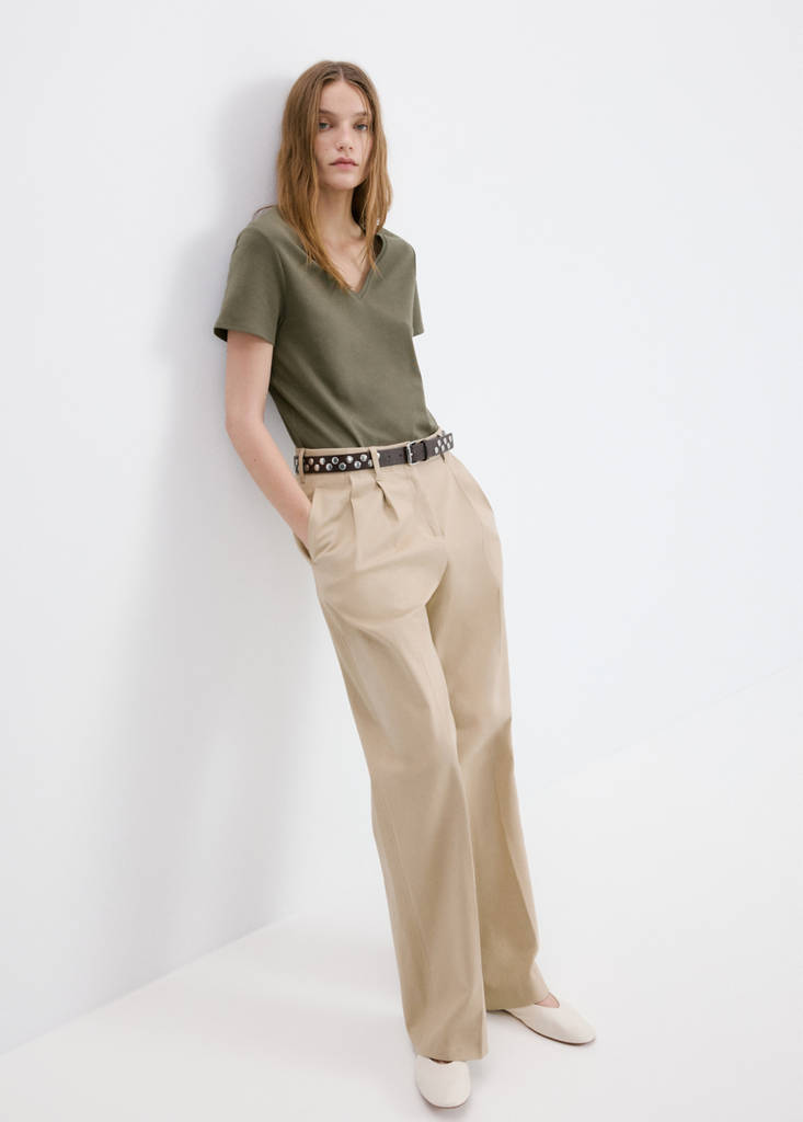 V-neck cotton T-shirt — Khaki