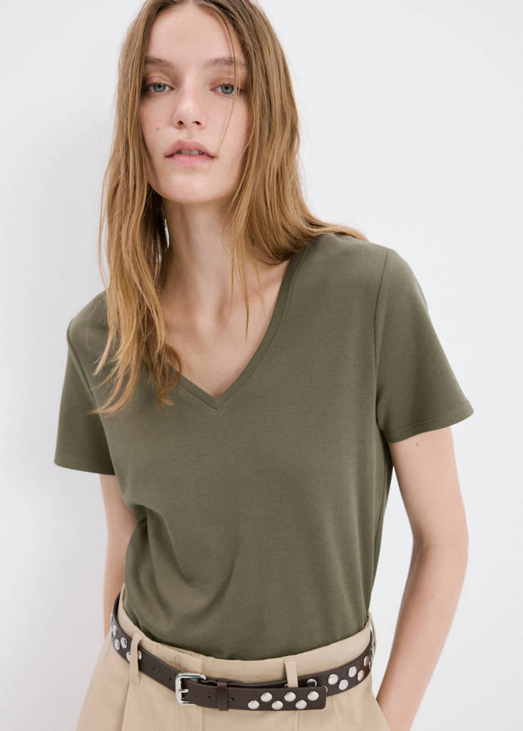 V-neck cotton T-shirt — Khaki