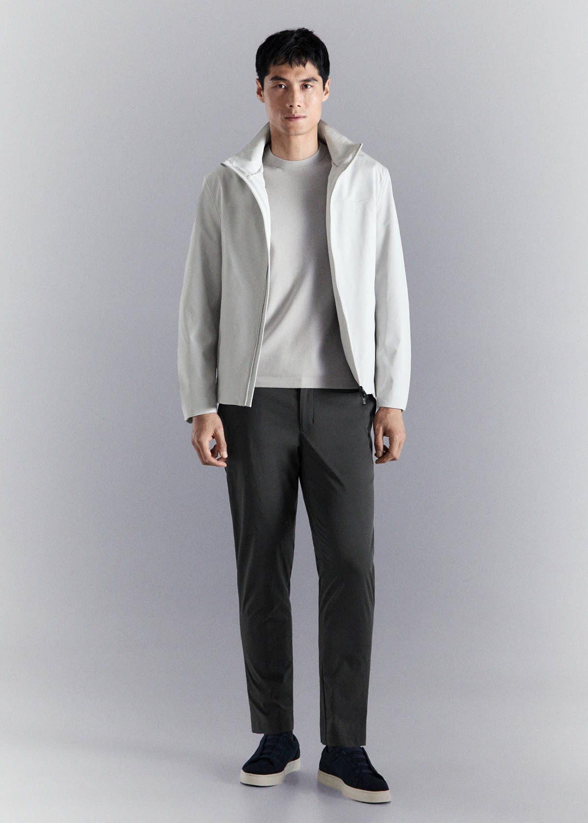 Water-repellent bomber jacket with detachable hood — Ice Grey