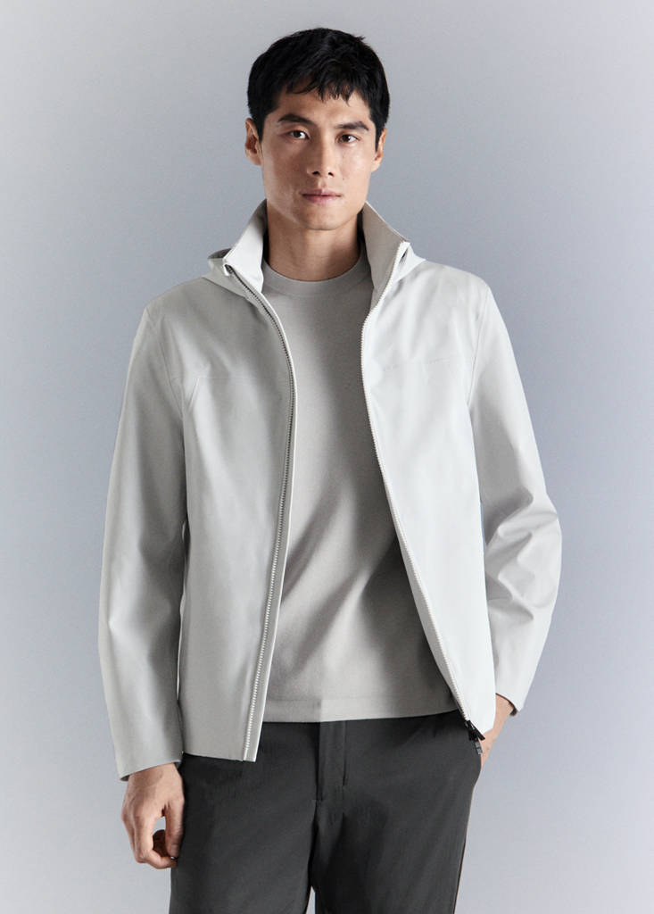 Water-repellent bomber jacket with detachable hood — Ice Grey