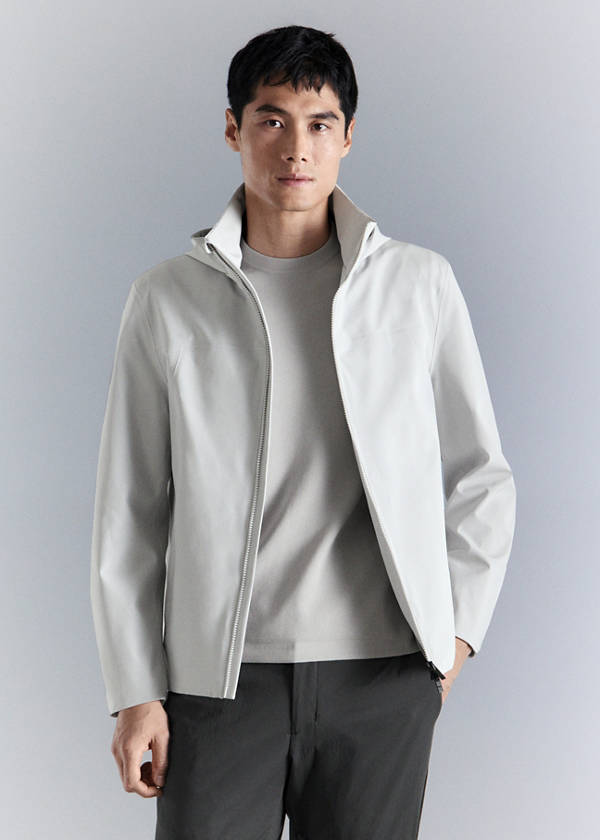 Water-repellent bomber jacket with detachable hood — Ice Grey