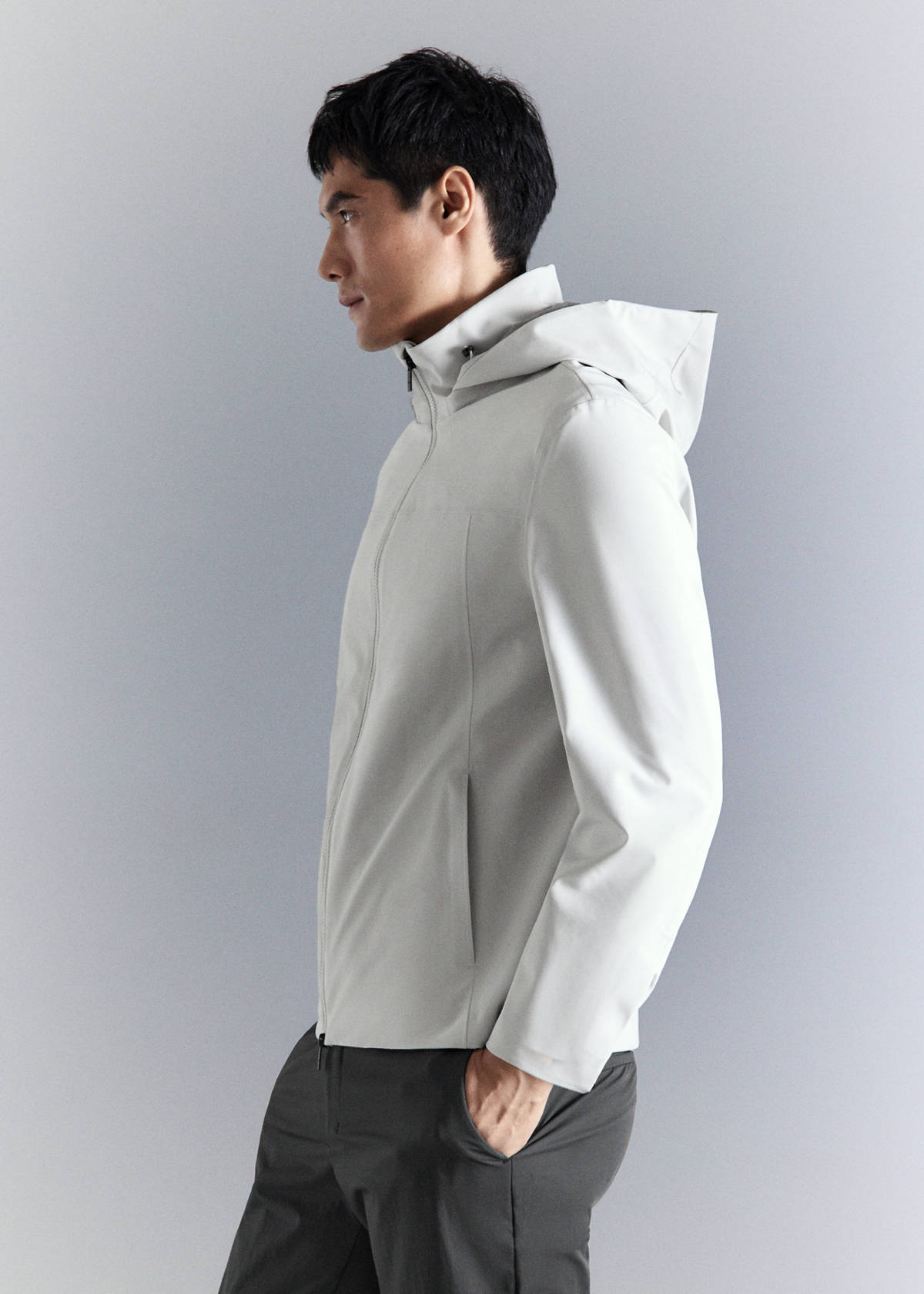 Water-repellent bomber jacket with detachable hood — Ice Grey