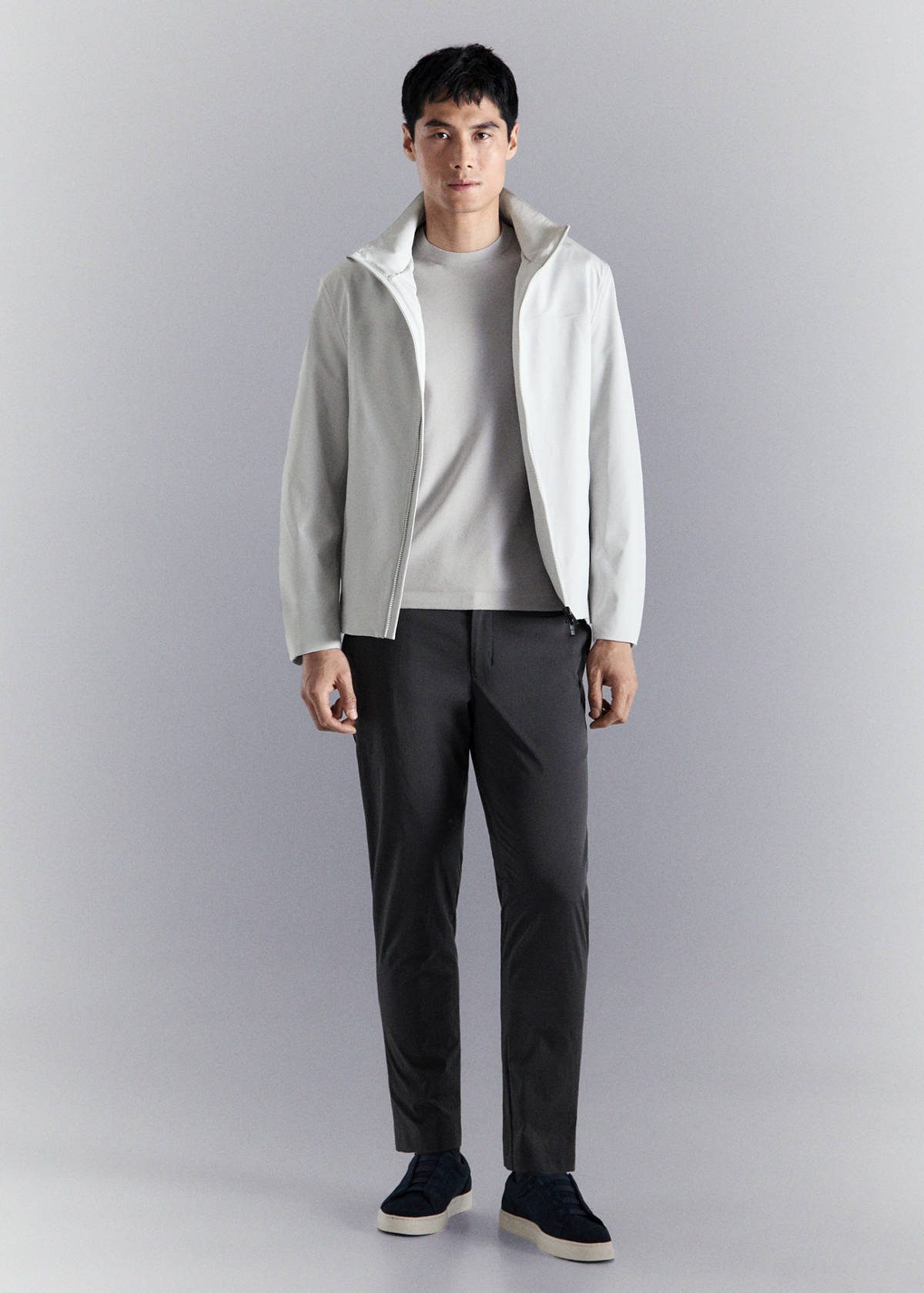 Water-repellent bomber jacket with detachable hood — Ice Grey