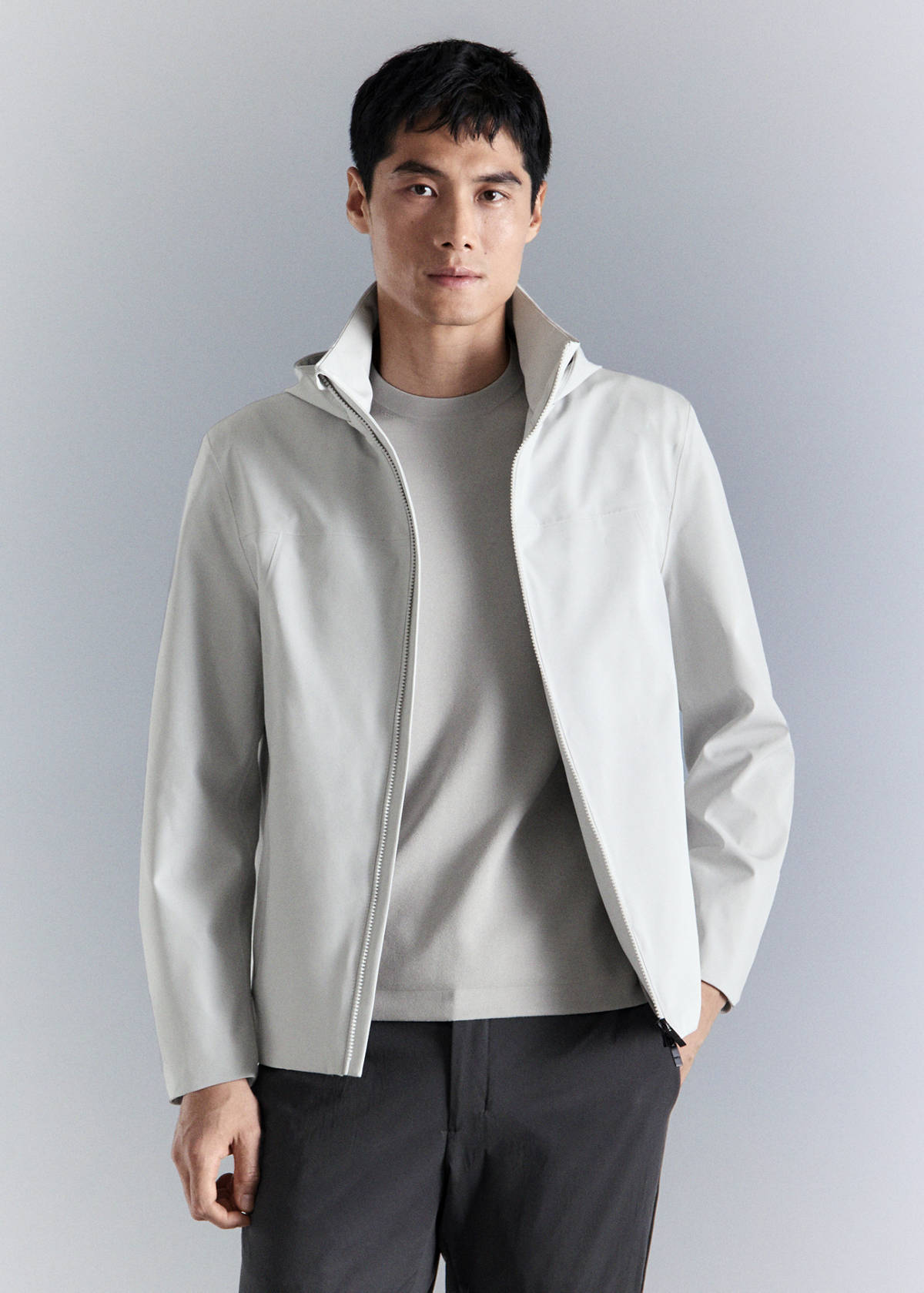 Water-repellent bomber jacket with detachable hood — Ice Grey