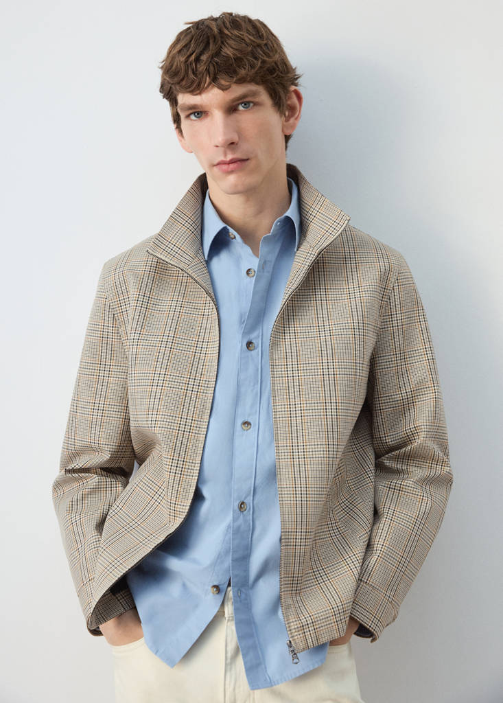 Prince of Wales check jacket with funnel neck — Grey