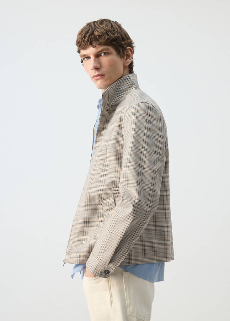 Prince of Wales check jacket with funnel neck — Grey
