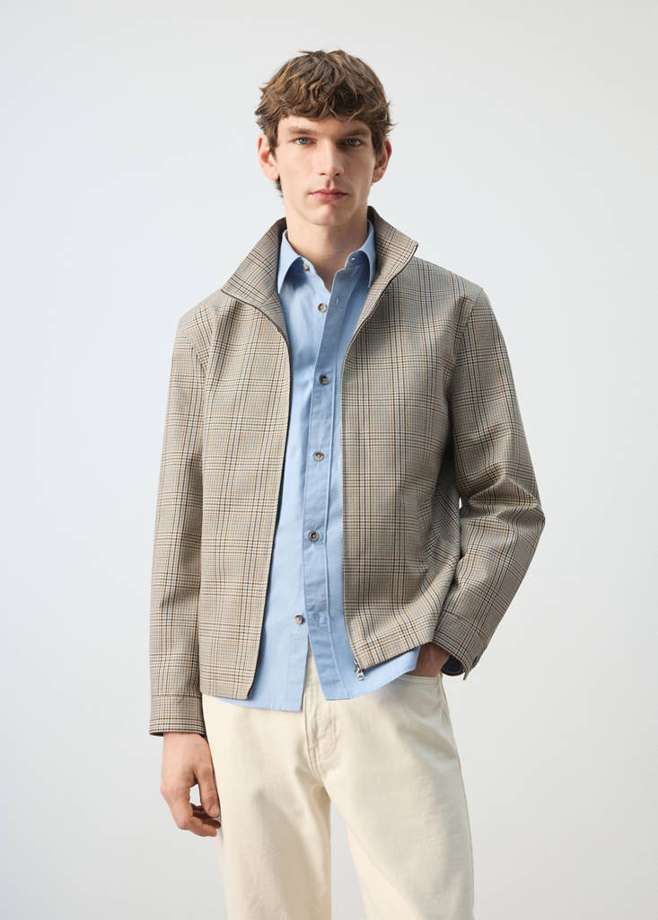 Prince of Wales check jacket with funnel neck — Grey