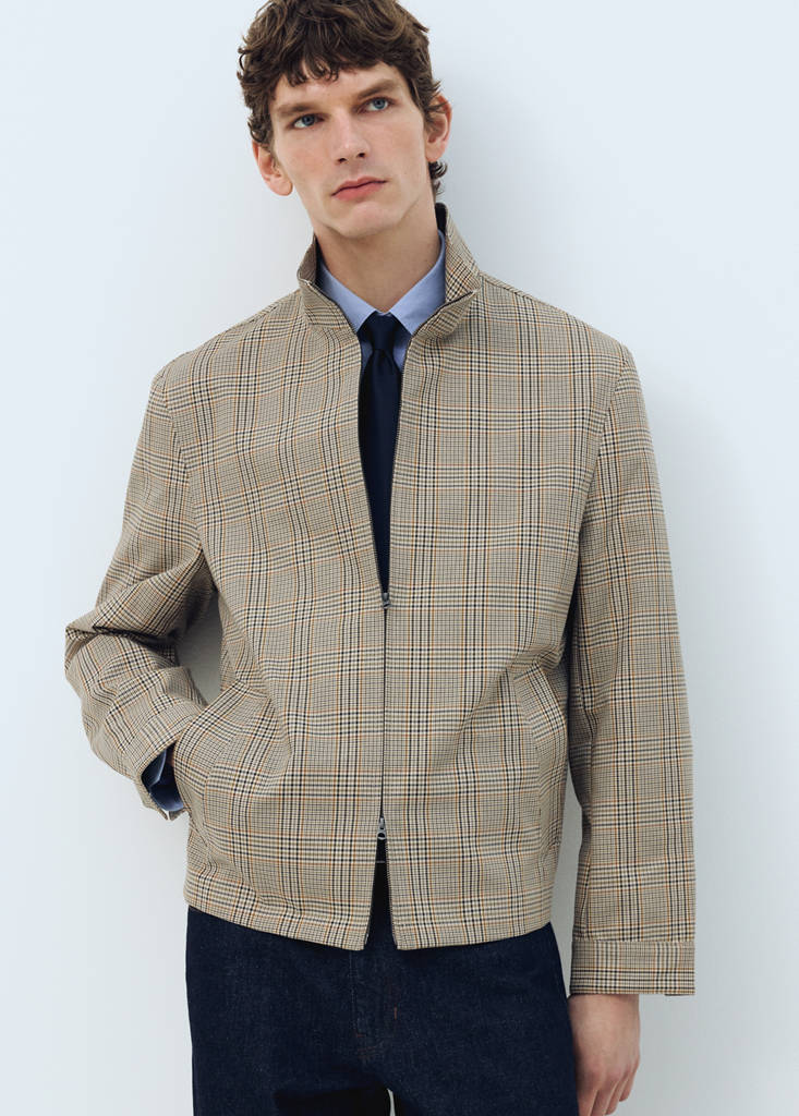 Prince of Wales check jacket with funnel neck — Grey