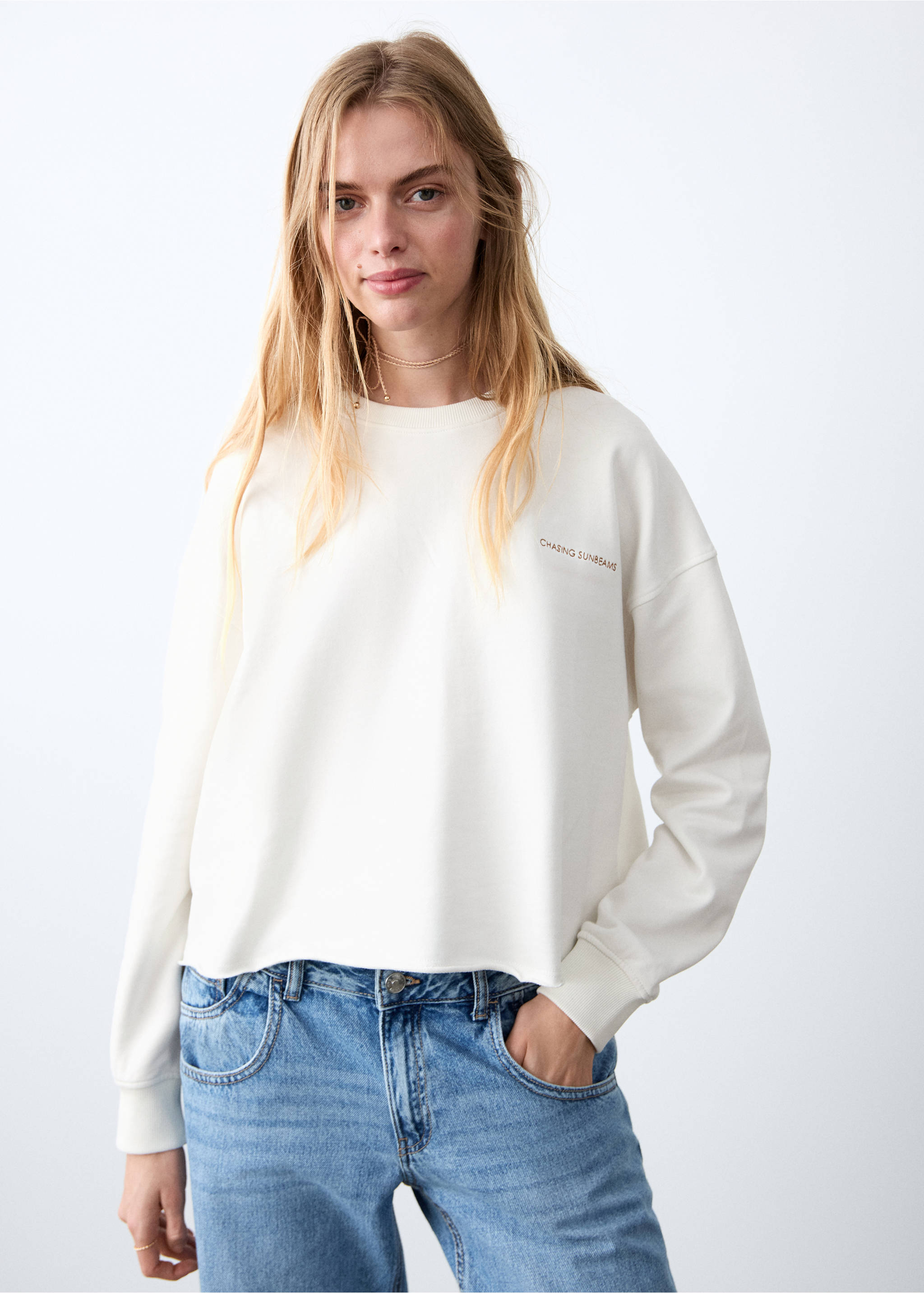 Sweat-shirt coton imprimé - Plan moyen, Blanc cassé. Ref: 27024417-00.