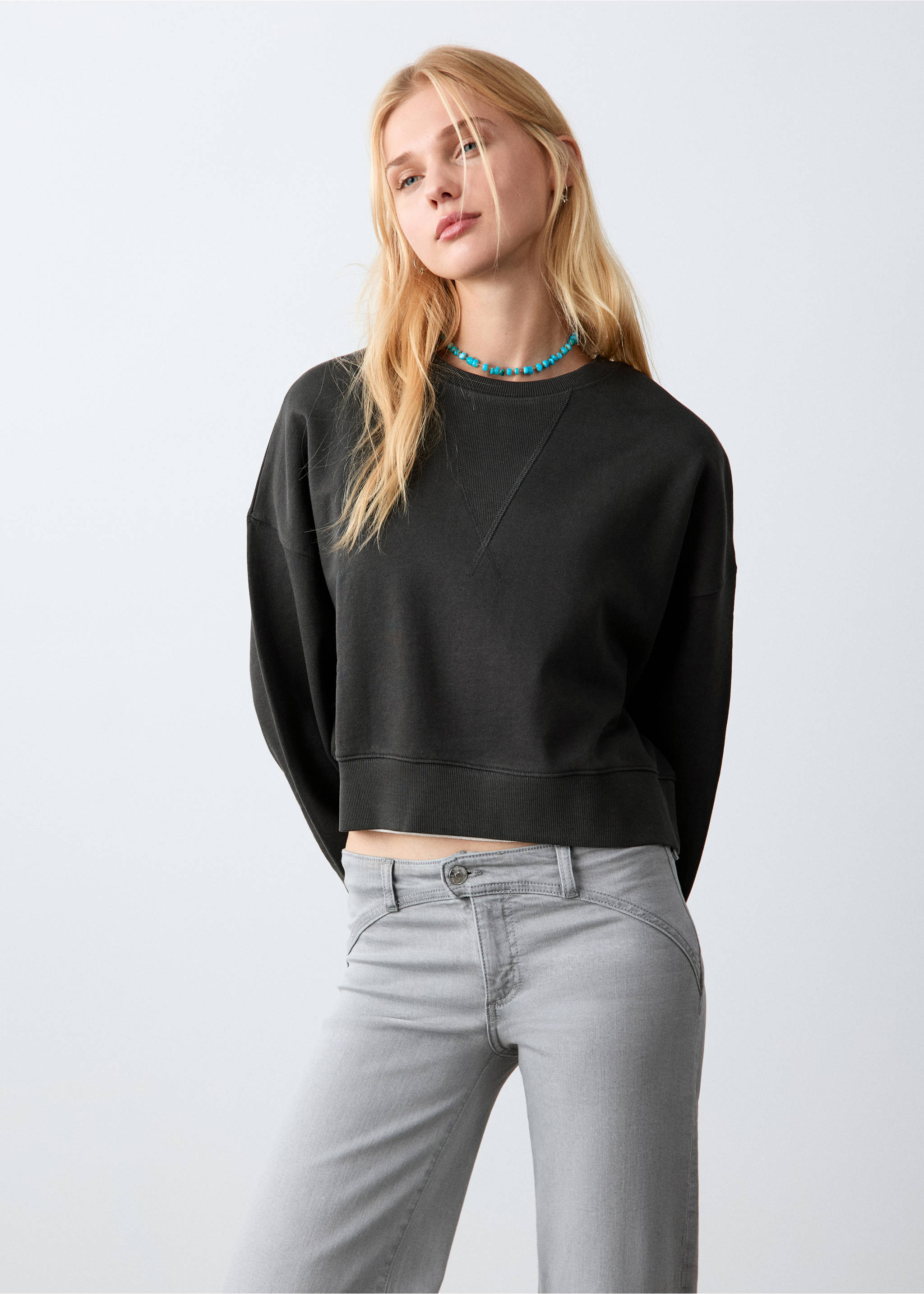 Sweat-shirt crop coton - Plan moyen, Gris anthracite. Ref: 27024418-00.