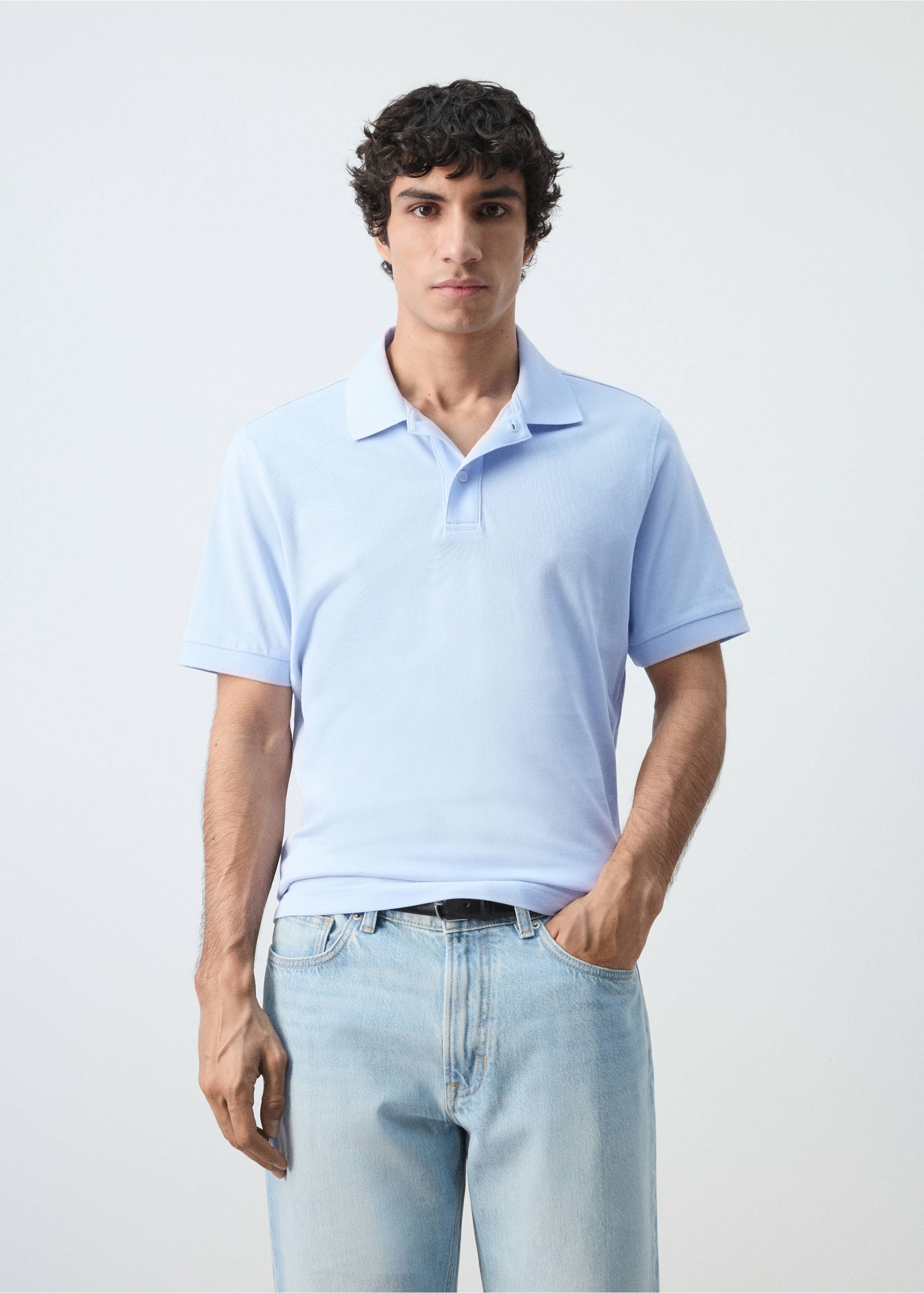 Regular-fit cotton piqué polo shirt - Medium plane, Sky Blue. Ref: 27024427-00.