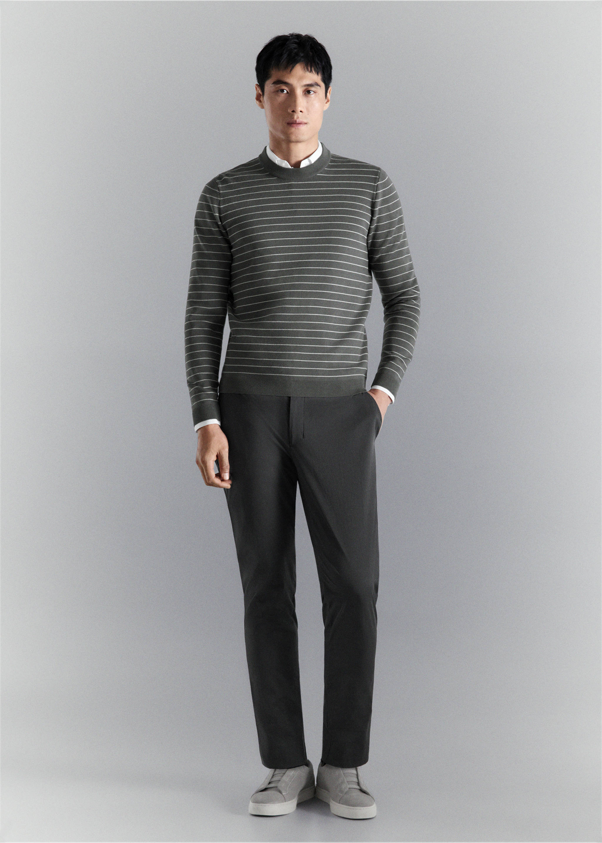 Jersey comfort stretch rayas - Plano general, Gris oscuro. Ref: 27024429-00.