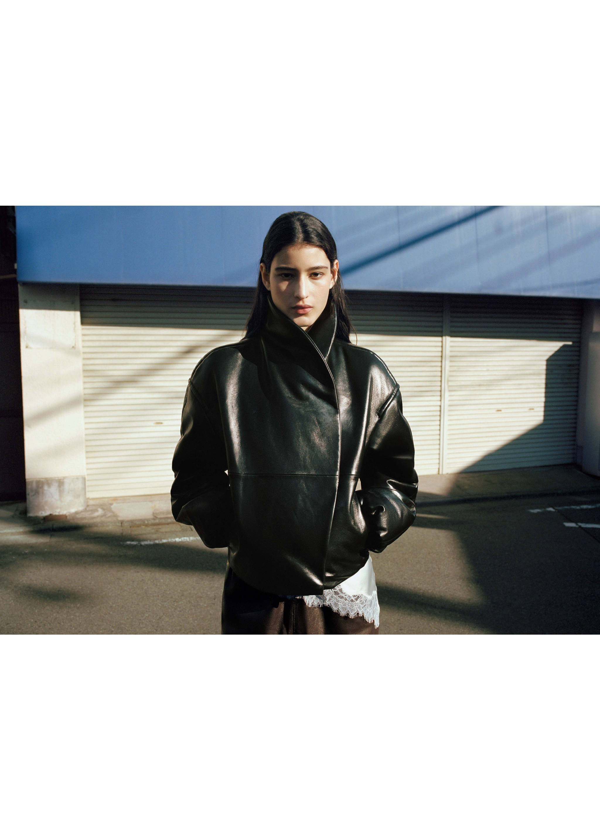 Bomber jacket with wrap-around collar in leather - Panoramic plane, Black. Ref: 27024442-00.