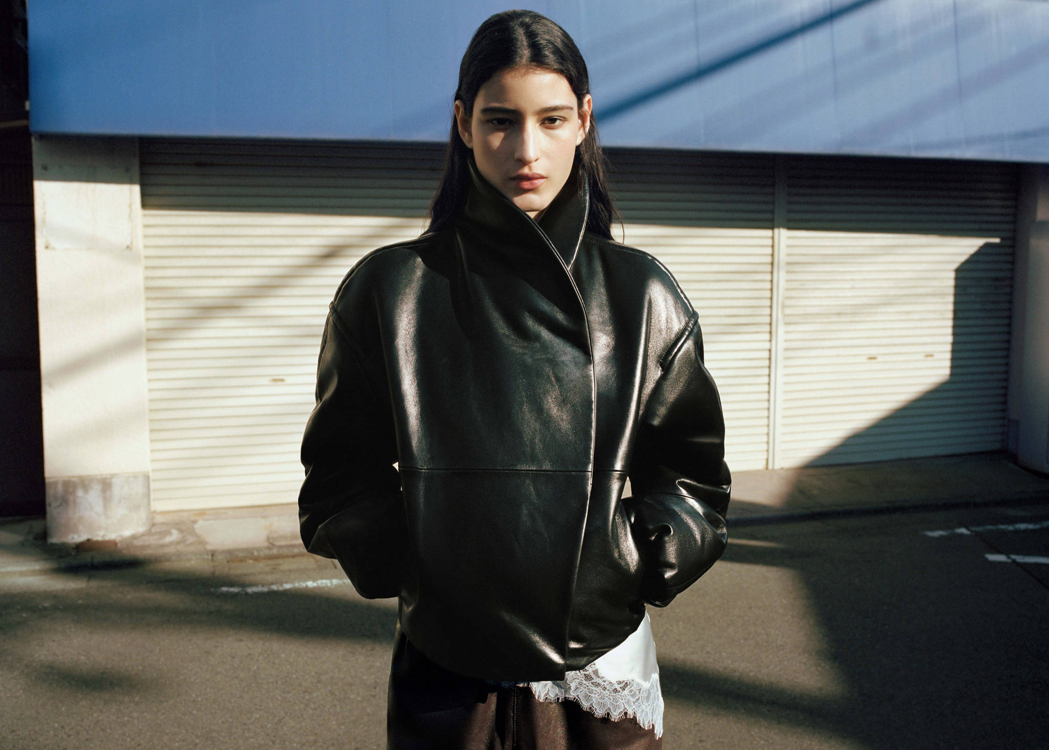 Bomber jacket with wrap-around collar in leather - Panoramic plane