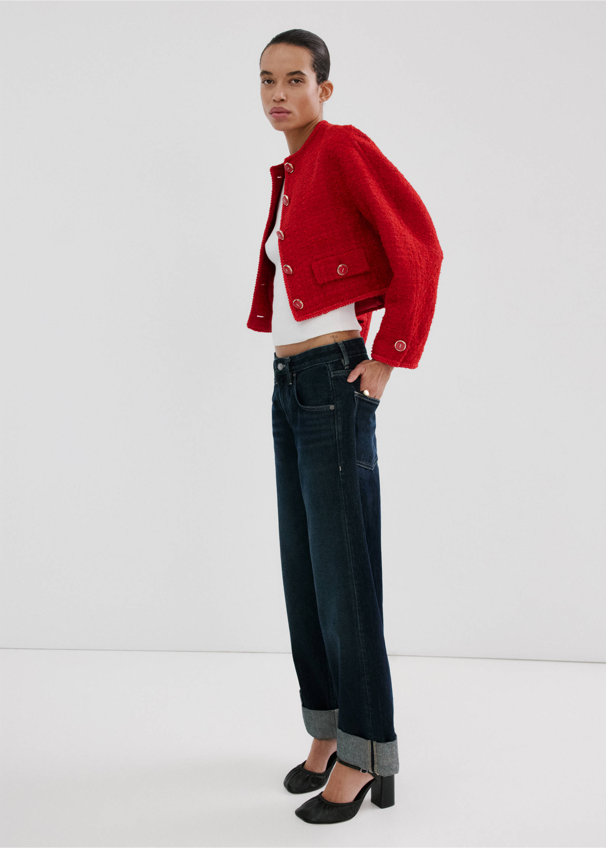 Chaqueta tweed botones joya - Plano general, Rojo. Ref: 27024450-00.