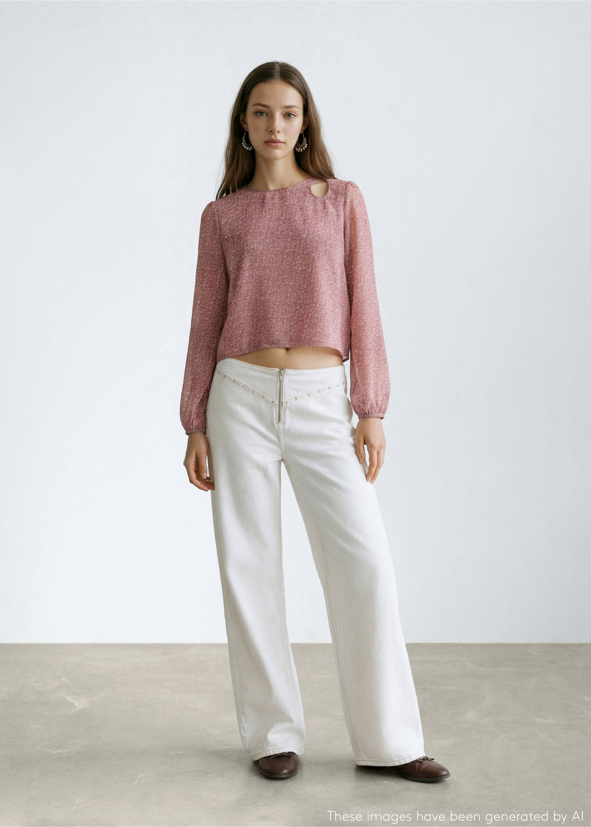 Блузка с принтом и вырезами - Общий план, Пастельно-розовый. Ref: 27024776-00.