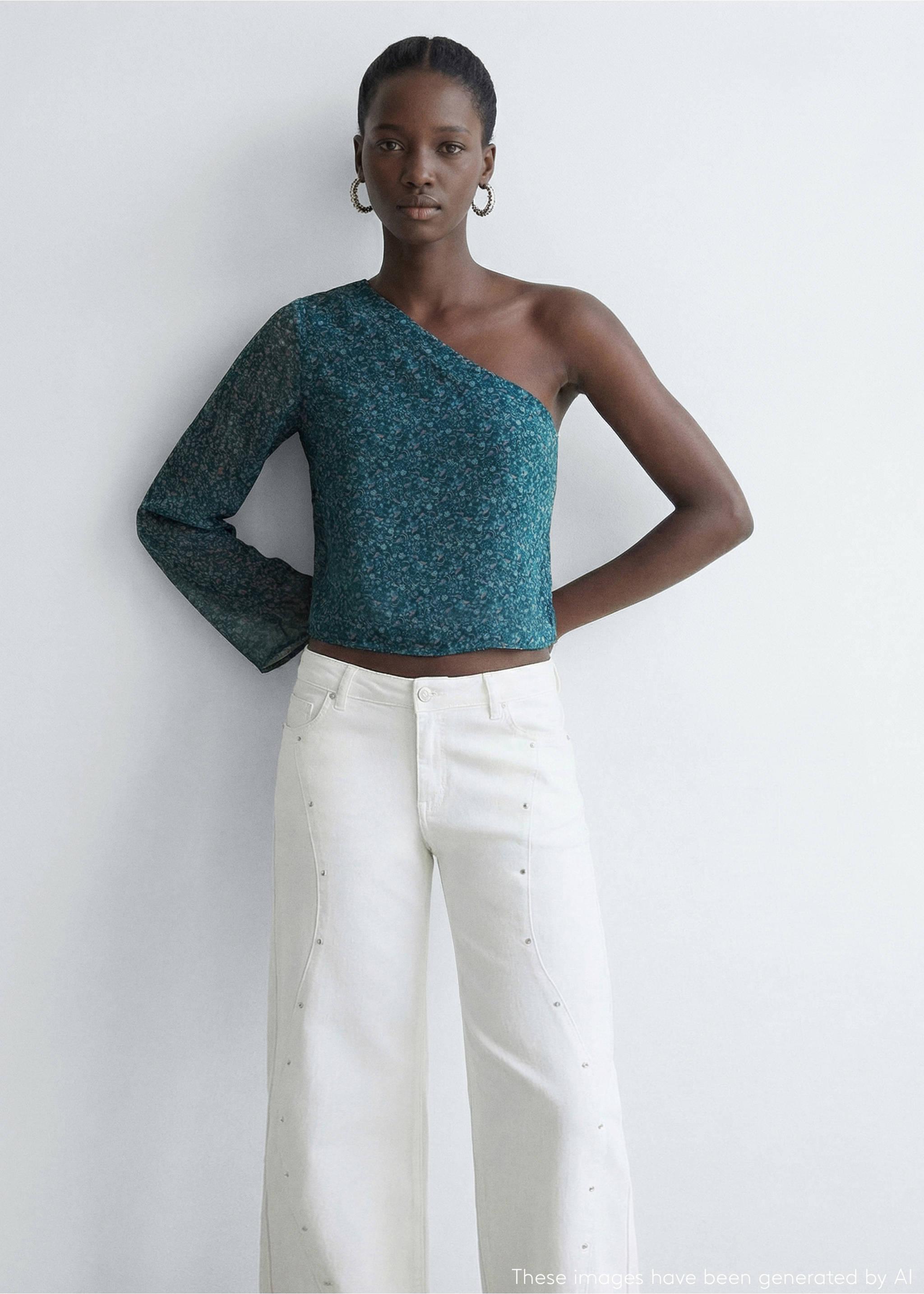 Blouse asymétrique imprimée - Plan moyen, Bleu pétrole. Ref: 27024777-00.