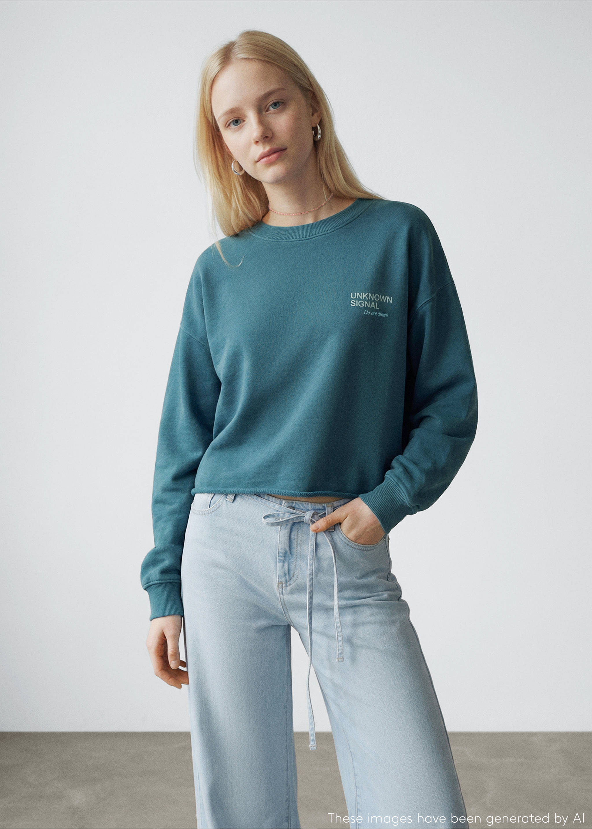 Sweat-shirt coton imprimé - Plan moyen, Bleu pétrole. Ref: 27024778-00.