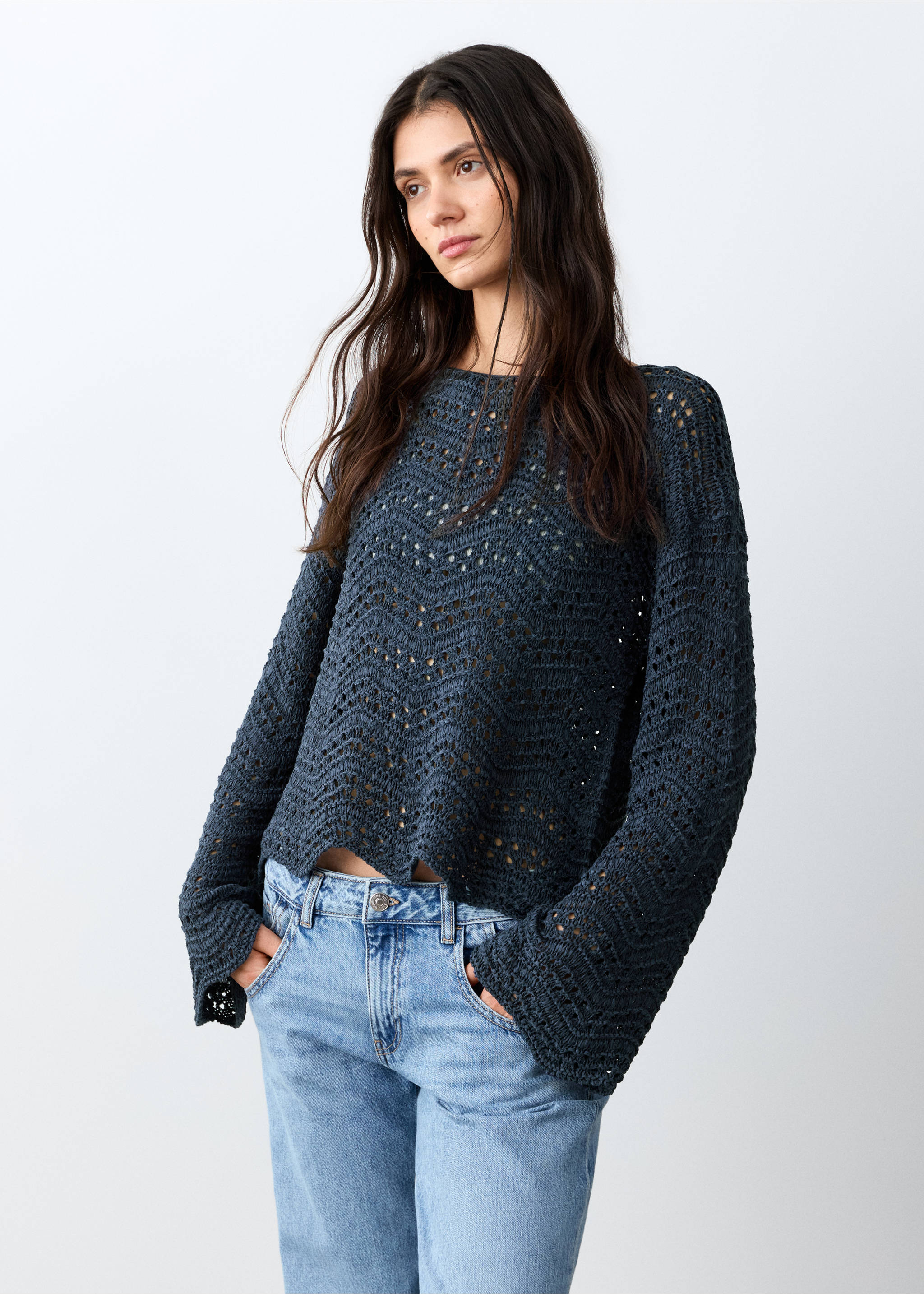 Openwork knit sweater - Medium plane, Navy. Ref: 27025816-00.