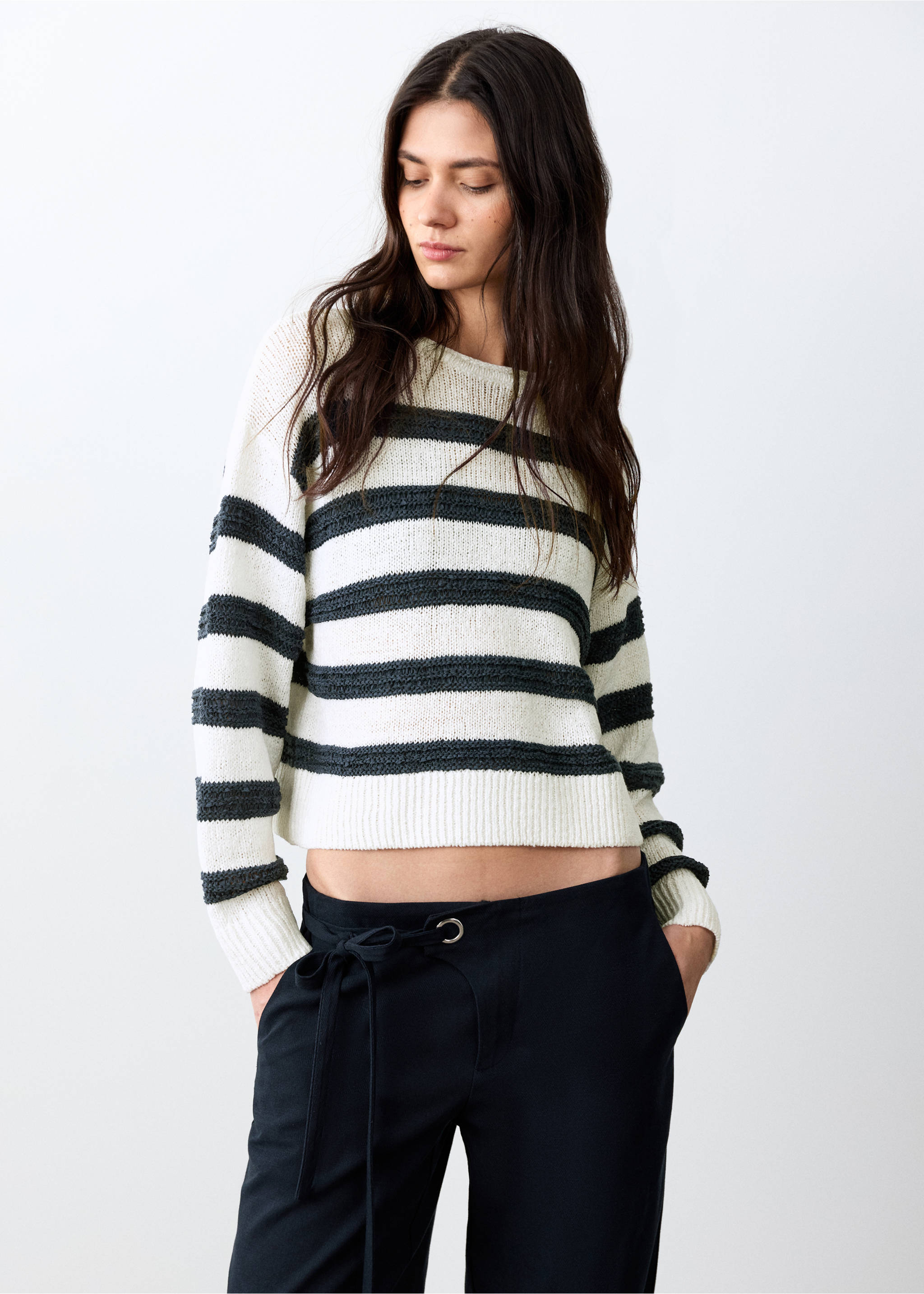Striped openwork knit sweater - Medium plane, Off White. Ref: 27025817-00.
