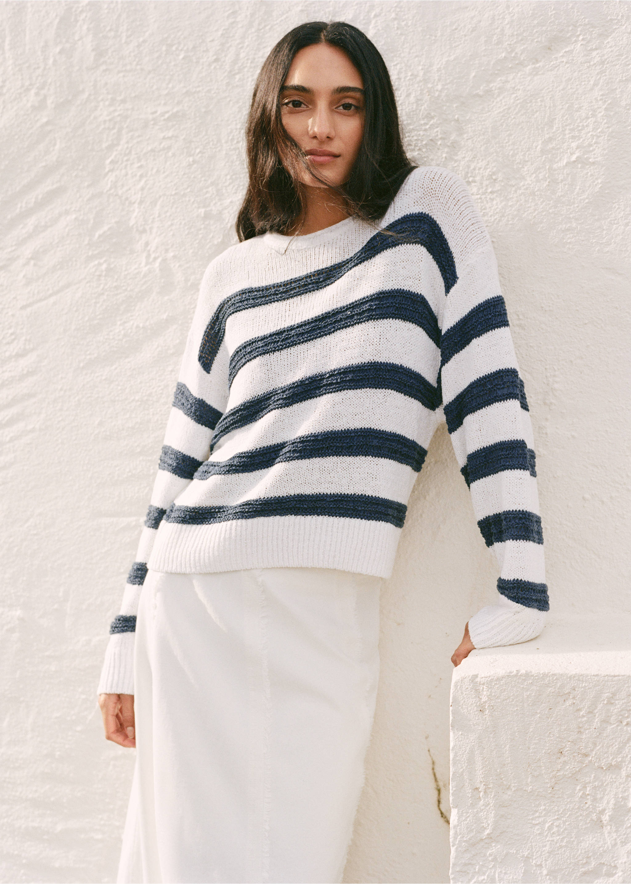 Striped openwork knit sweater - Details of the article 6, Off White. Ref: 27025817-00.