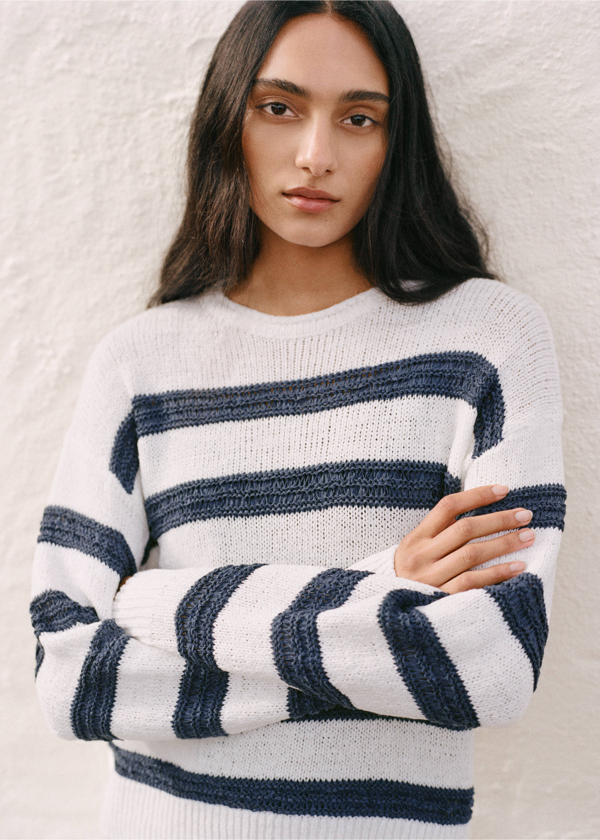 Striped openwork knit sweater - Details of the article 5, Off White. Ref: 27025817-00.