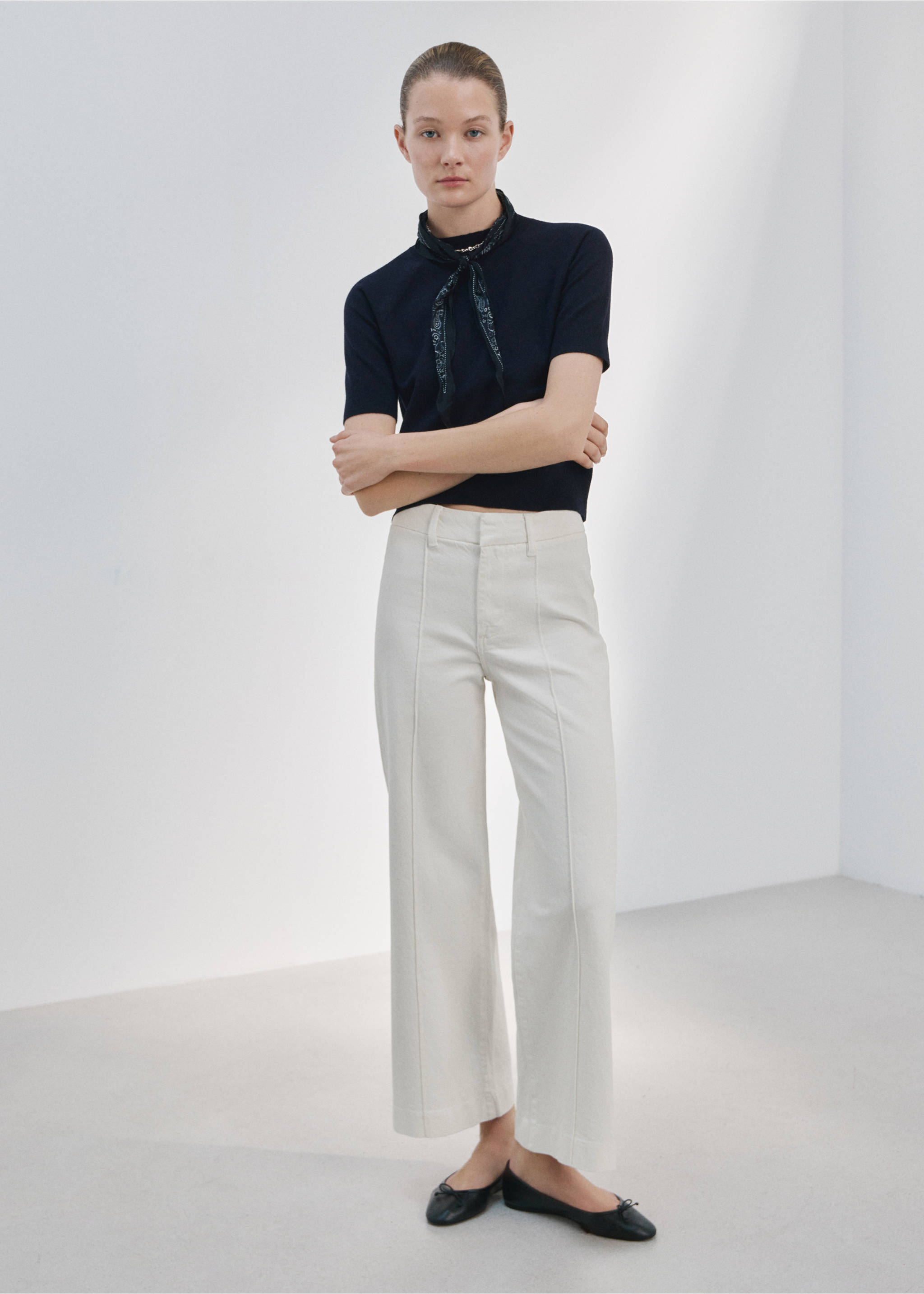 High-waisted wide leg jeans with stitching - General plane, White. Ref: 27025821-00.