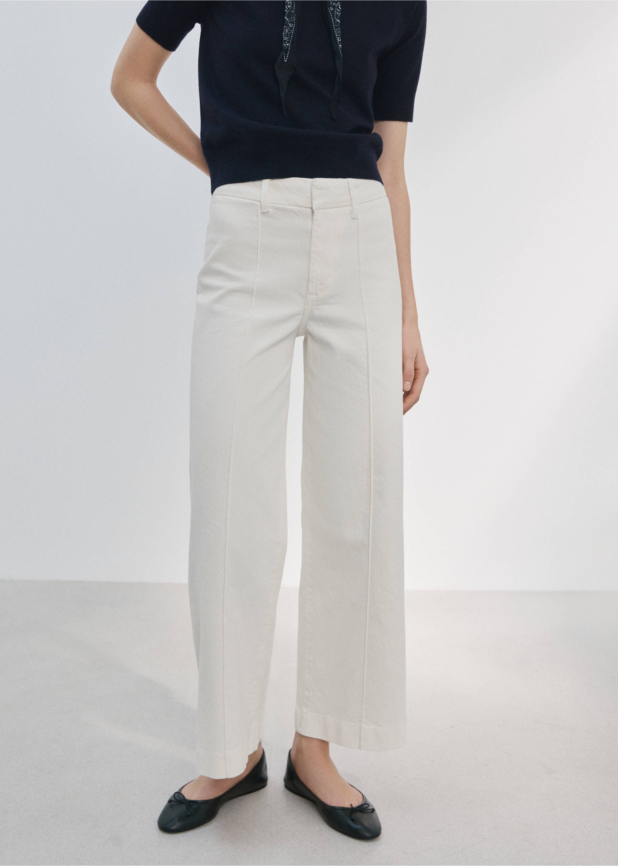 High-waisted wide leg jeans with stitching - Medium plane, White. Ref: 27025821-00.