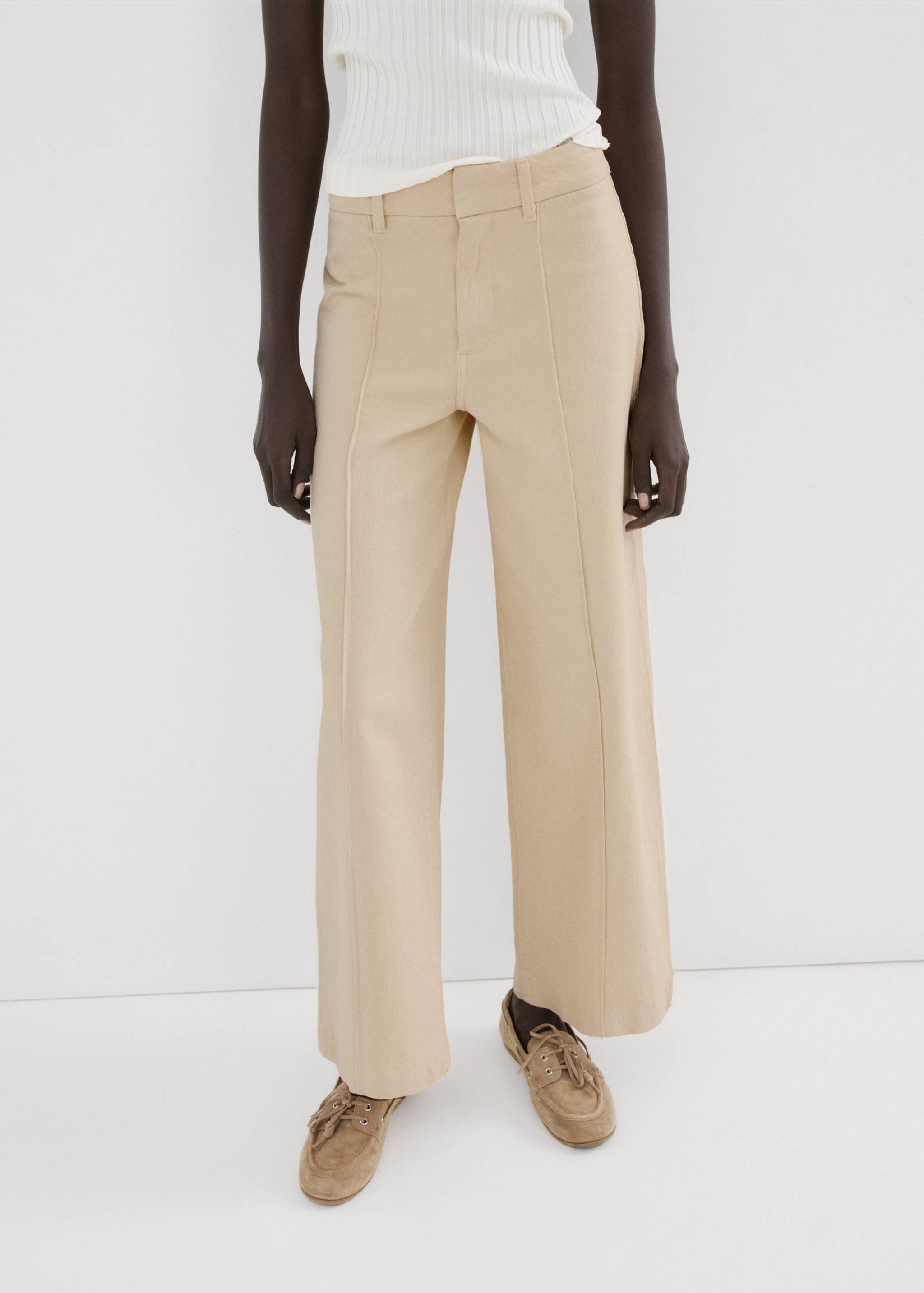 High-waisted wide leg jeans with stitching - Medium plane, Vanilla. Ref: 27025822-00.