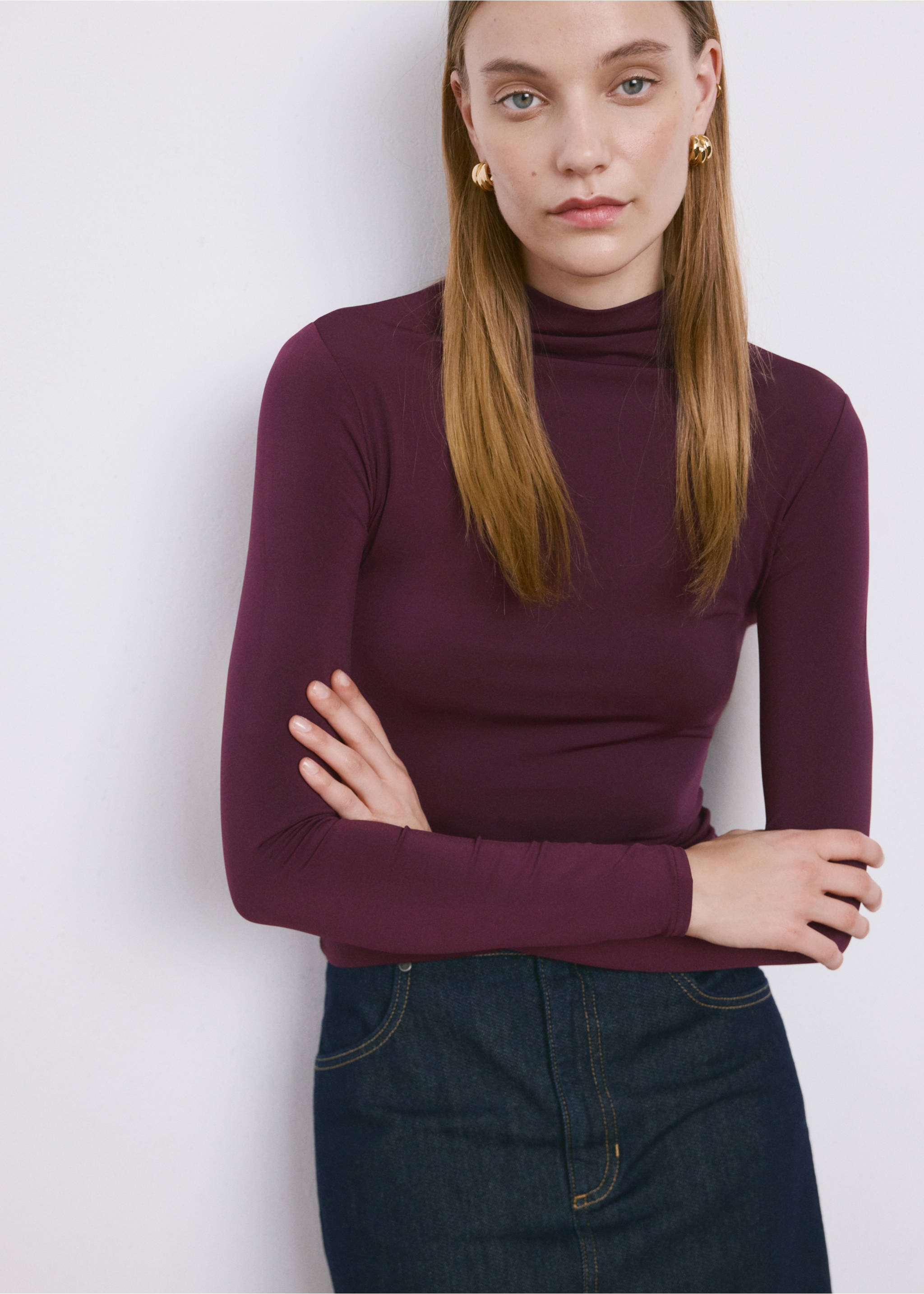 Camiseta manga larga cuello perkins - Plano medio, Burdeos. Ref: 27025831-00.
