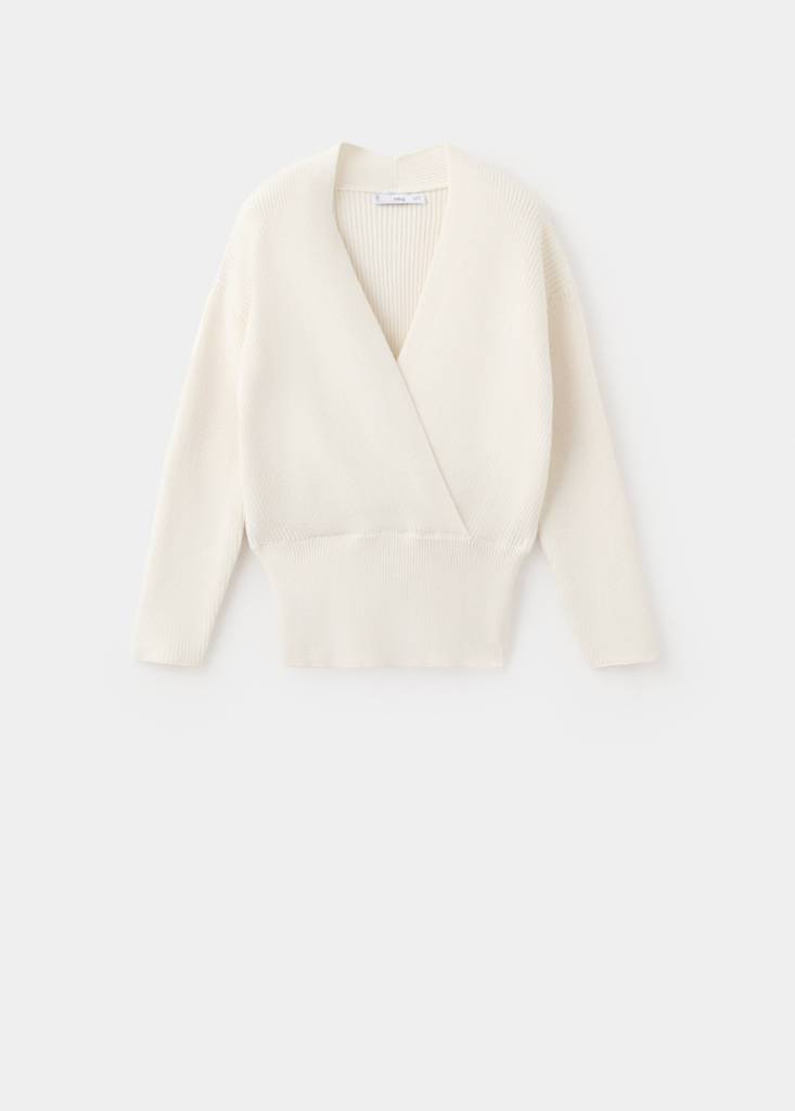 Ribbed crossover neckline jumper — Ecru