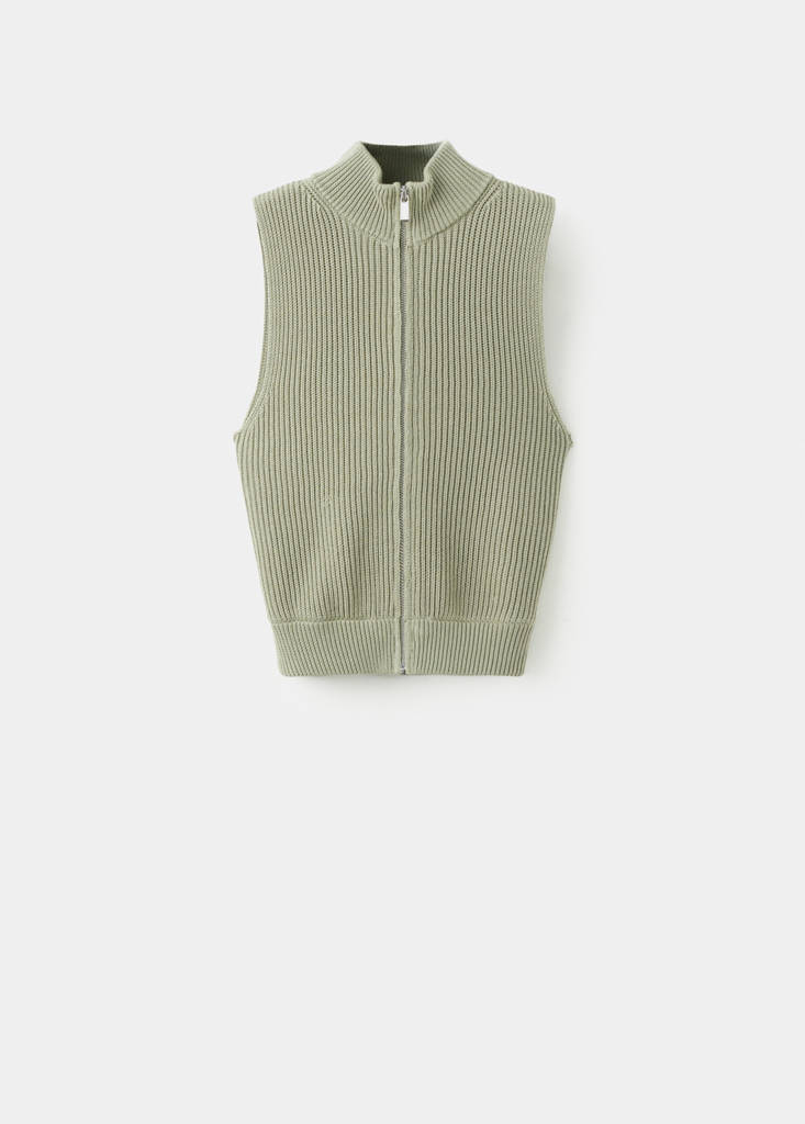 Ribbed knitted top with zip — Khaki