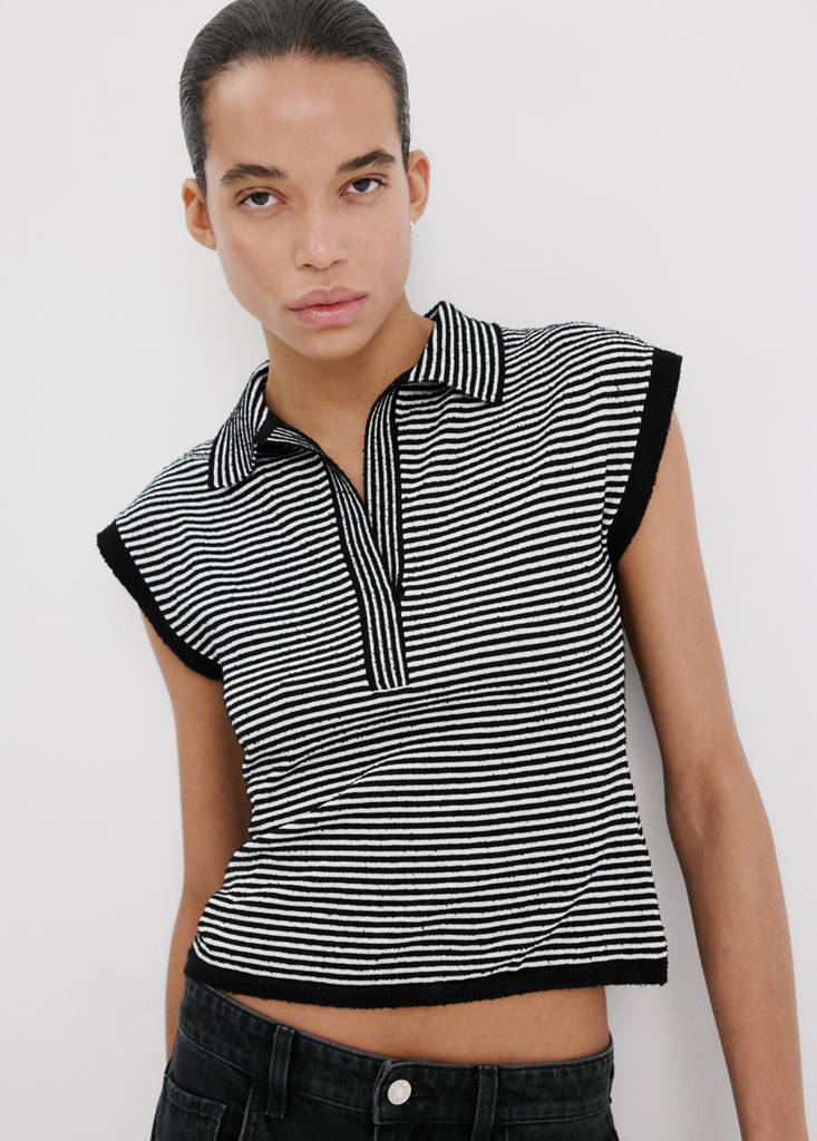 Striped polo-neck sweater — Black