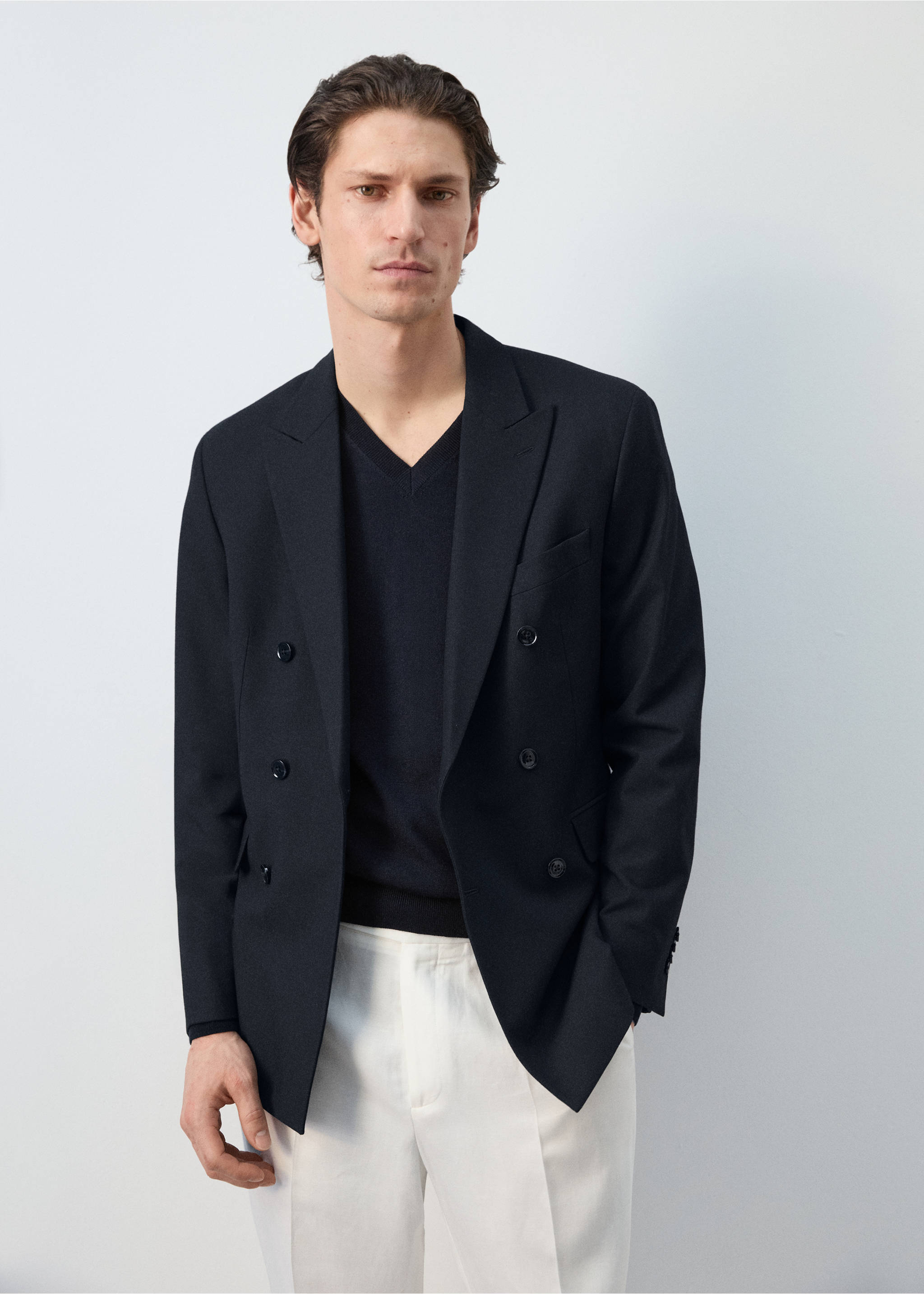 Veste de costume Monaco croisée slim-fit - Plan moyen, Bleu marine. Ref: 27025943-05.