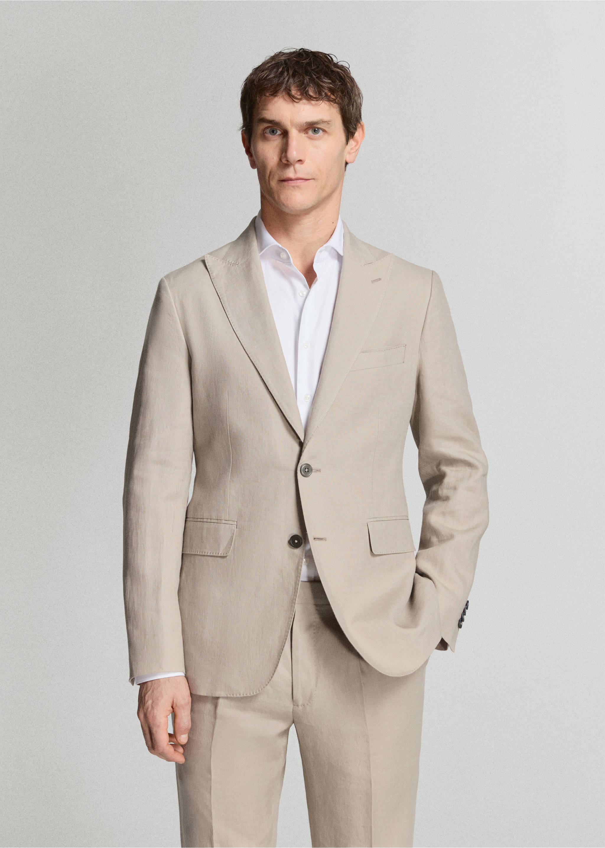 Americana traje Amalfi 100% lino slim fit - Plano medio, Beige. Ref: 27025948-01.
