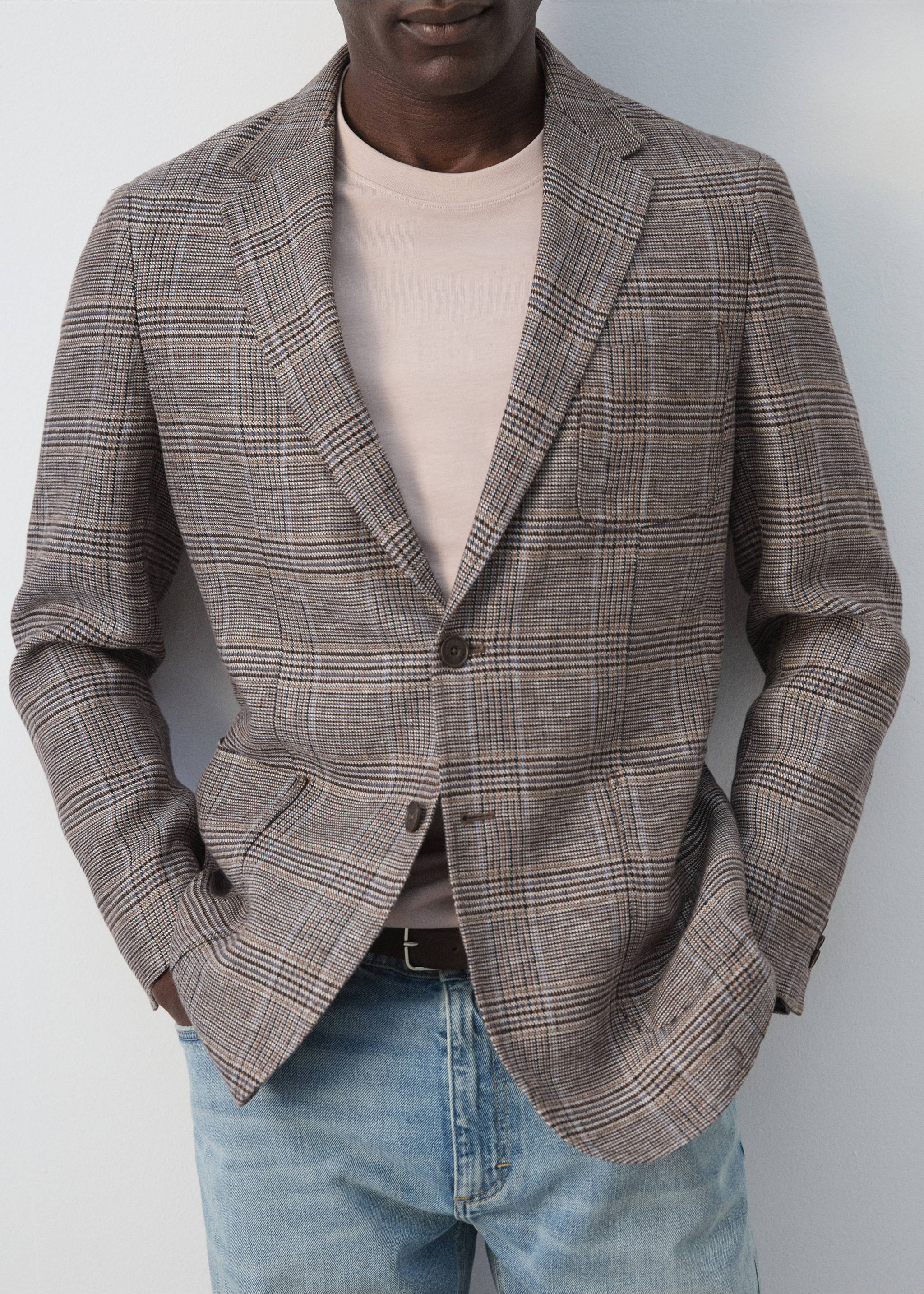 100% linen Prince of Wales check jacket - Details of the article 4, Brown. Ref: 27025949-00.