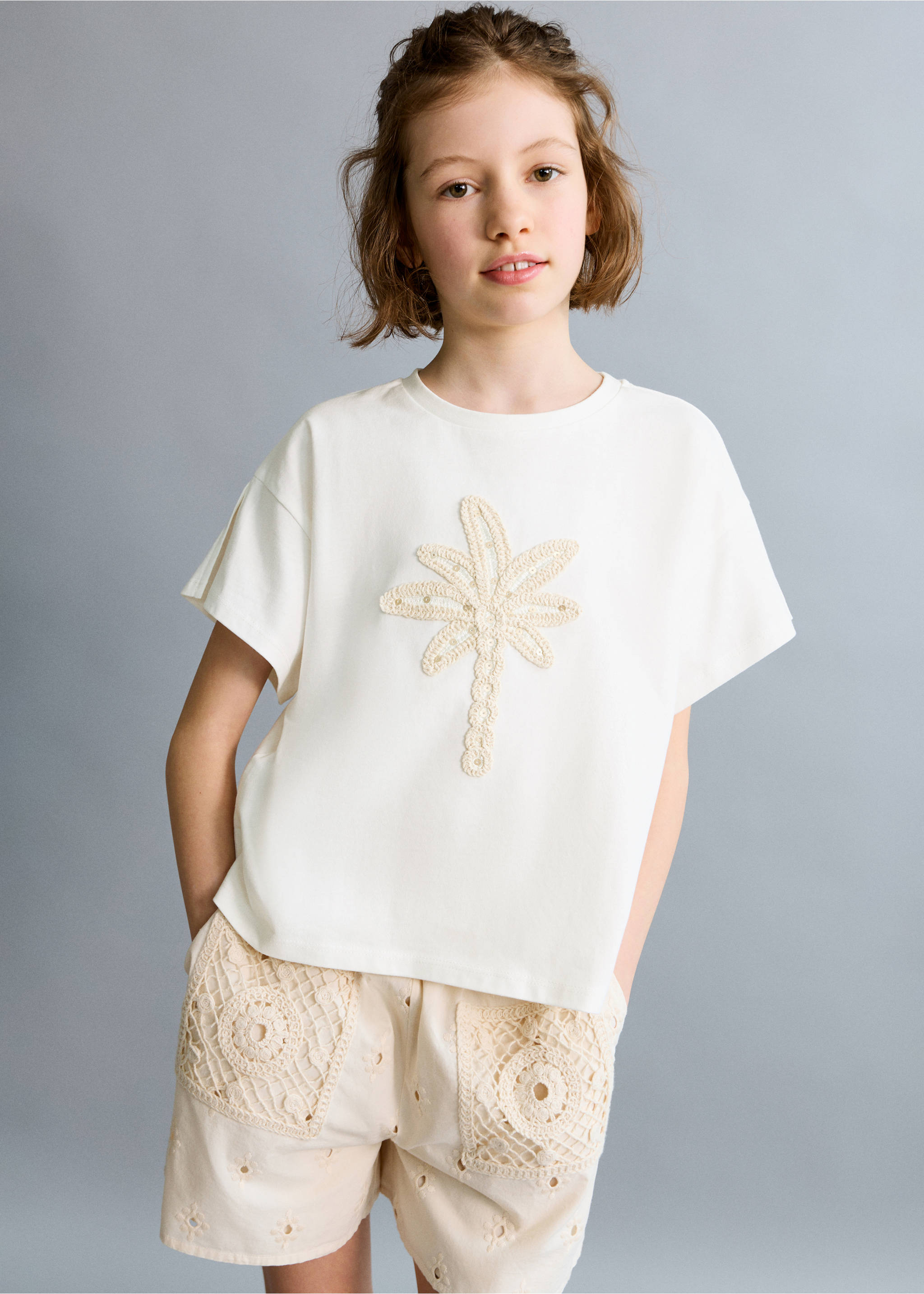 Tricou din bumbac cu broderie palmier - Plan general, Alb-murdar. Ref: 27025962-00.