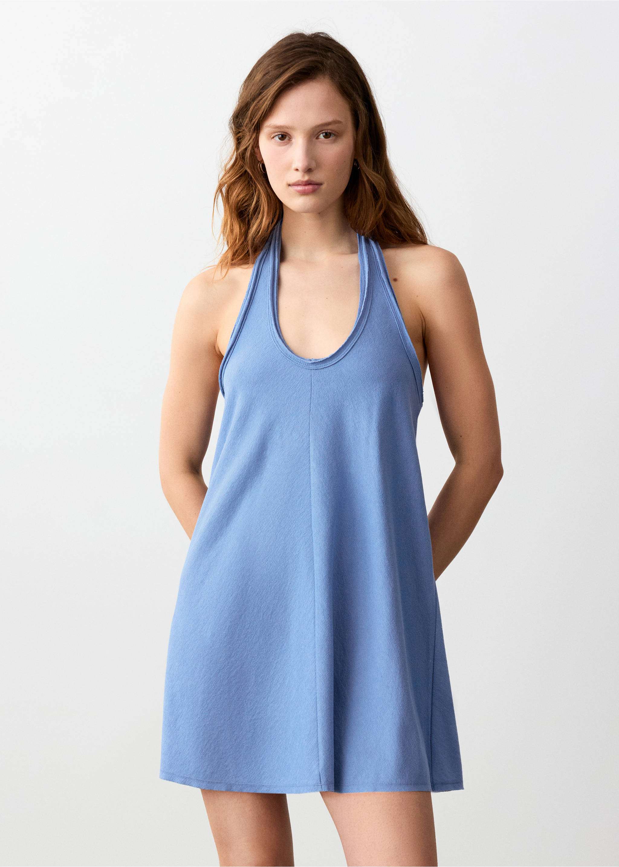 Short halter-neck dress - Medium plane, Blue. Ref: 27025963-00.