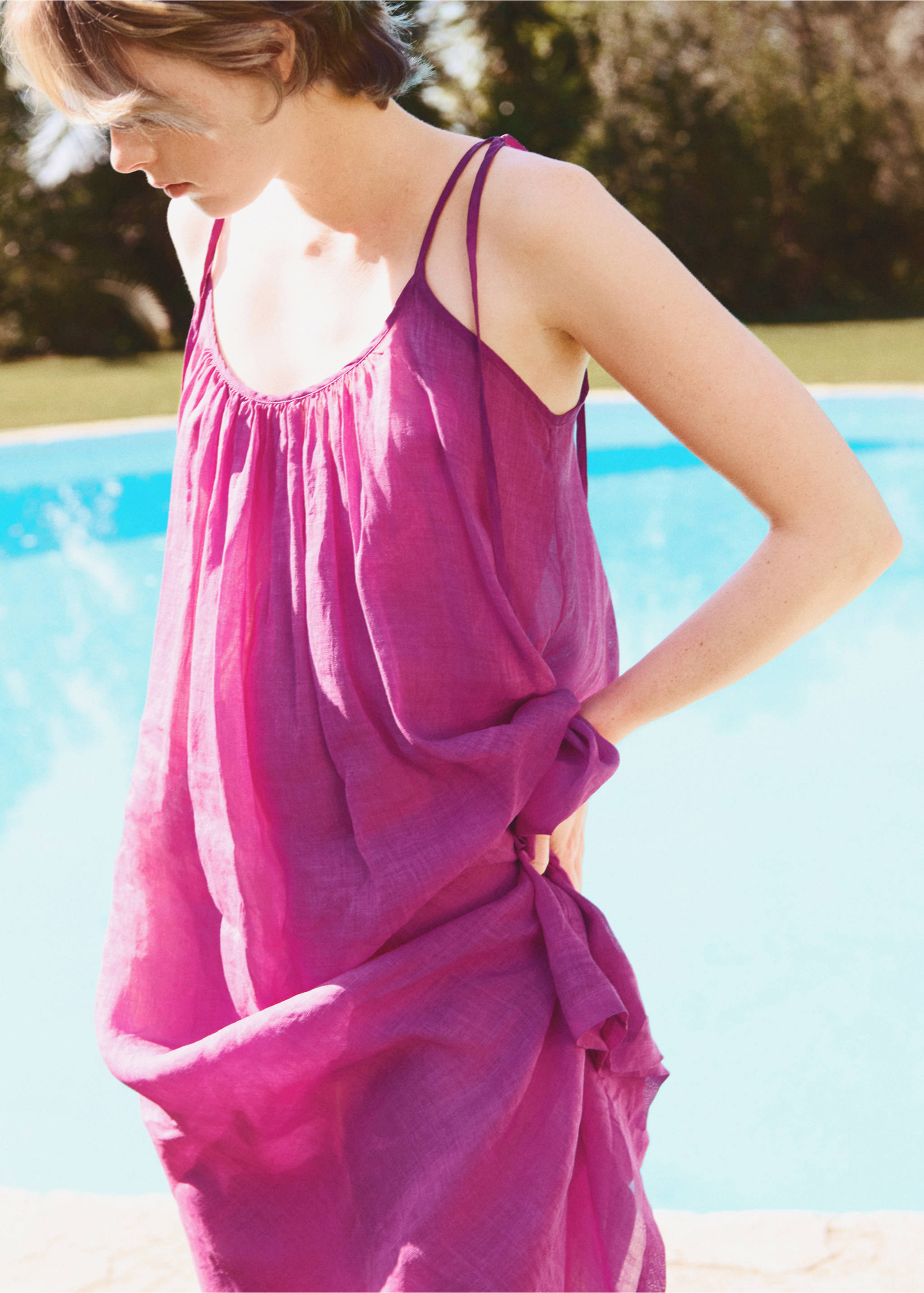 Nachthemd van 100% ramie met overdyed-effect - Detail van het artikel 5, Fuchsia. Ref: 27025973-00.