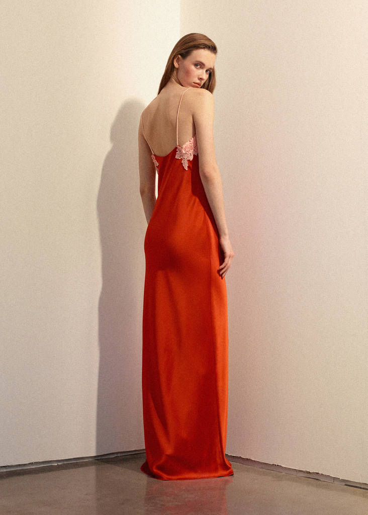 Satin dress with floral appliqués — Orange