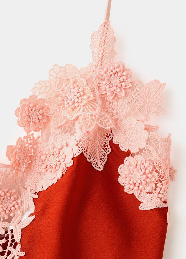 Satin dress with floral appliqués — Orange