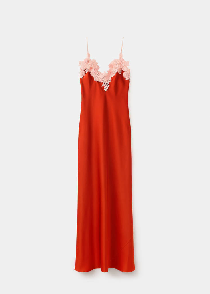 Satin dress with floral appliqués — Orange