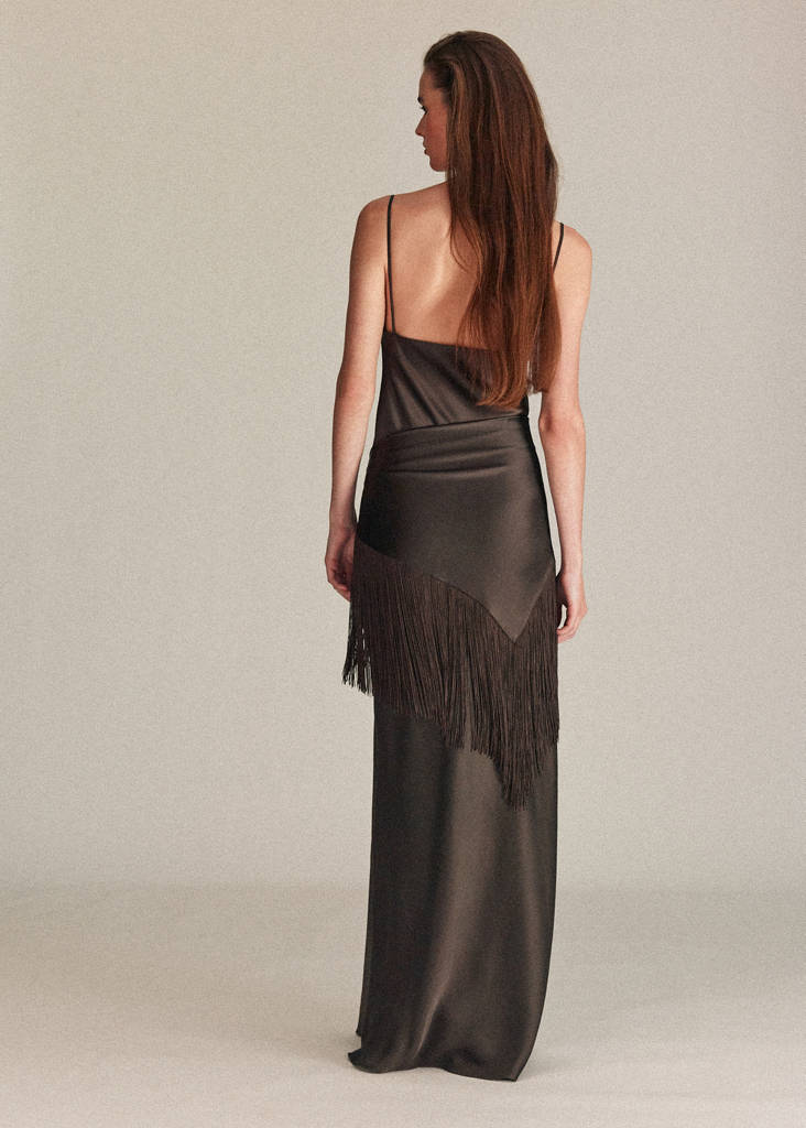 Satin bandana fringe dress — Chocolate