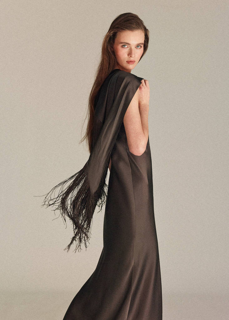Satin bandana fringe dress — Chocolate