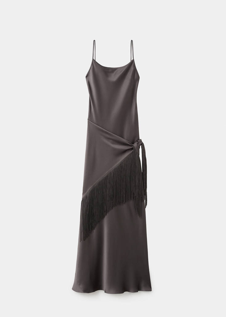 Satin bandana fringe dress — Chocolate